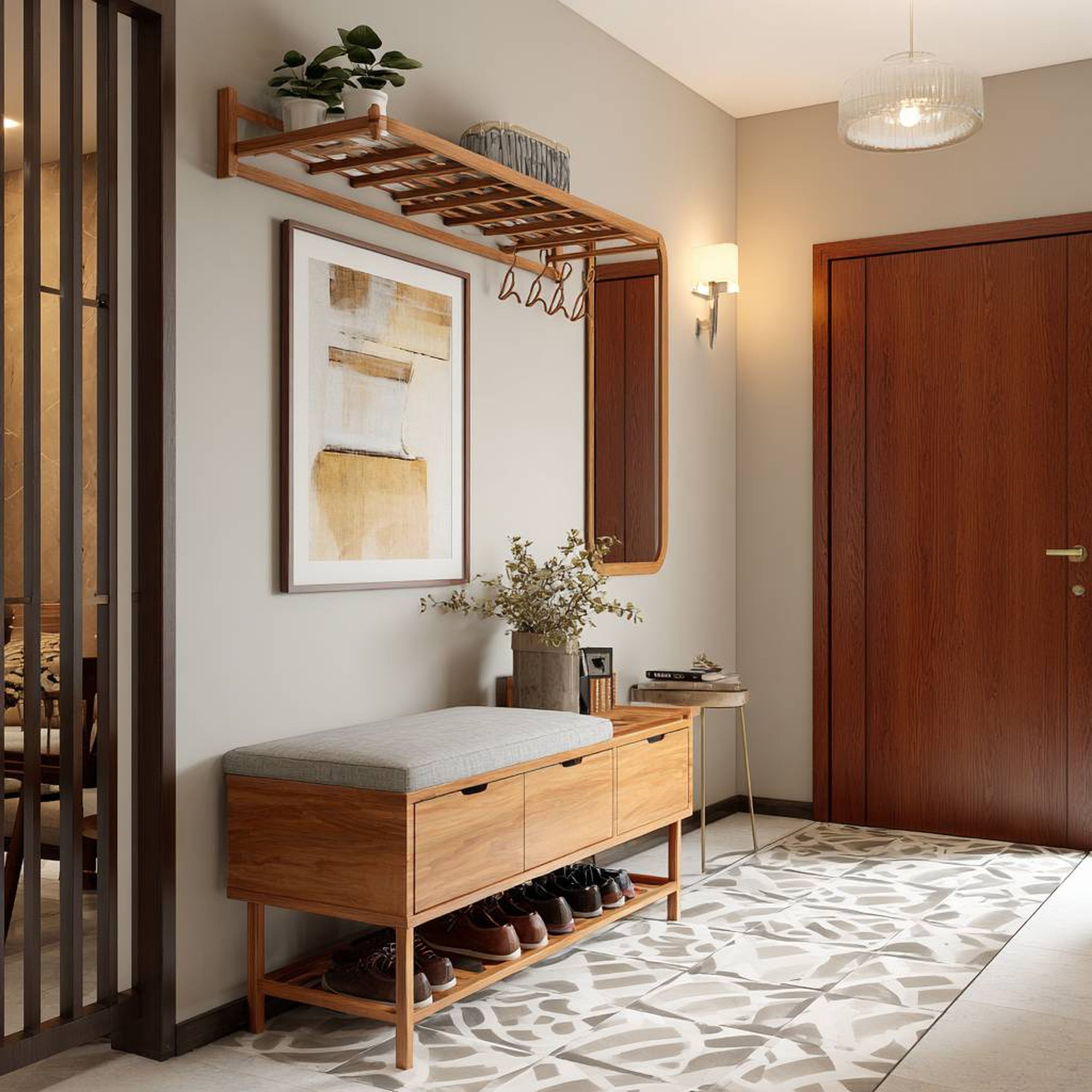 Scandinavian Foyer Design With Bench Seating and Wall Mirror