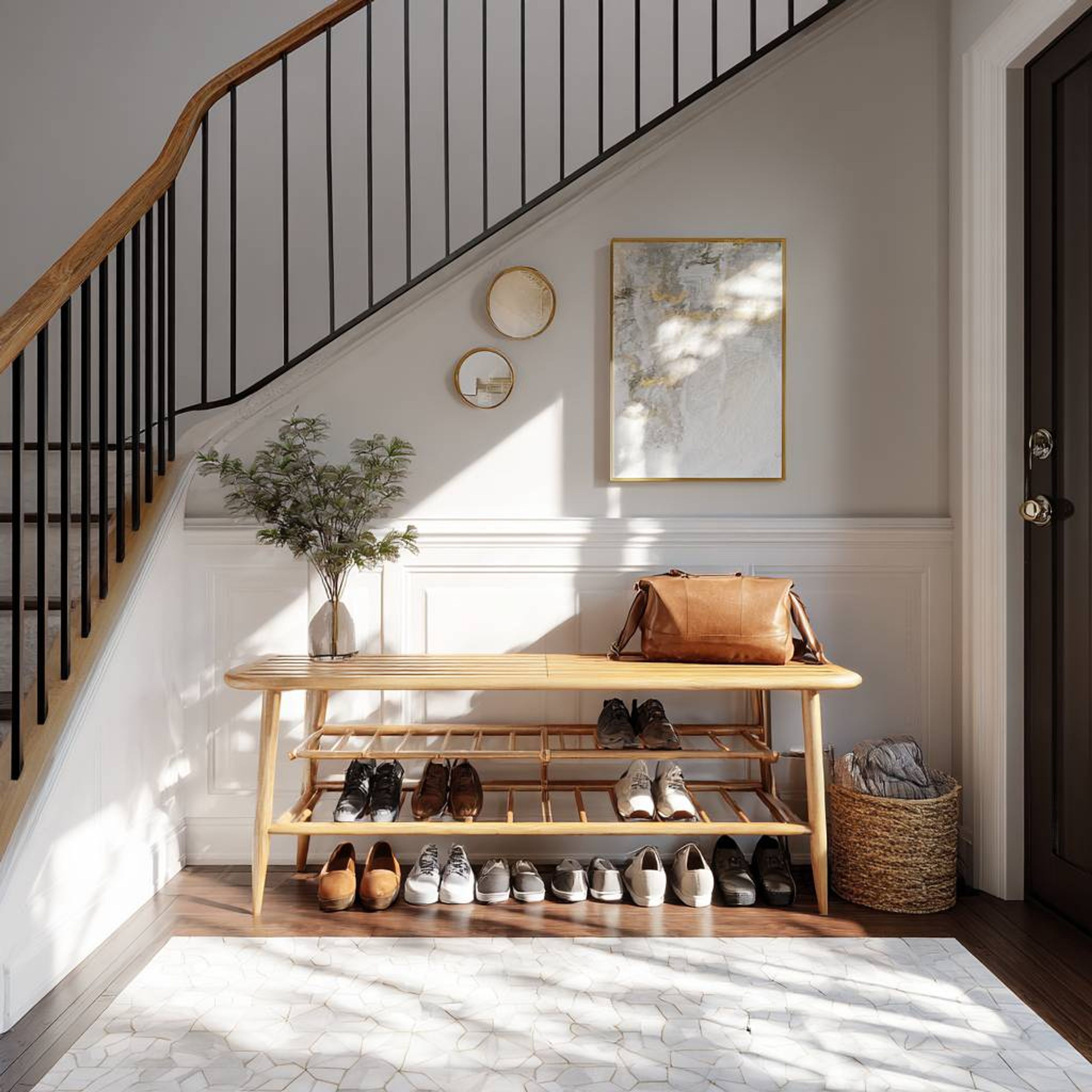 Contemporary Foyer Design in Brown Finish and Wooden Shoe Rack