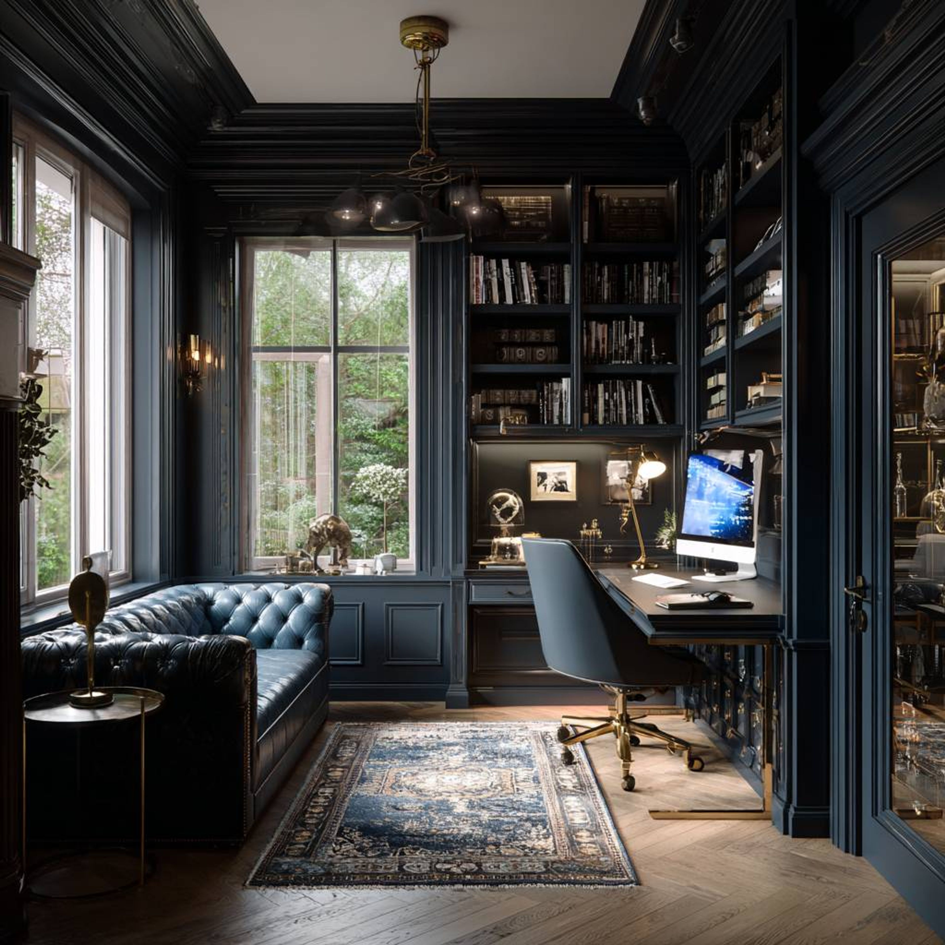 Classic Home Office Design With Chesterfield and Blue Leather Chair