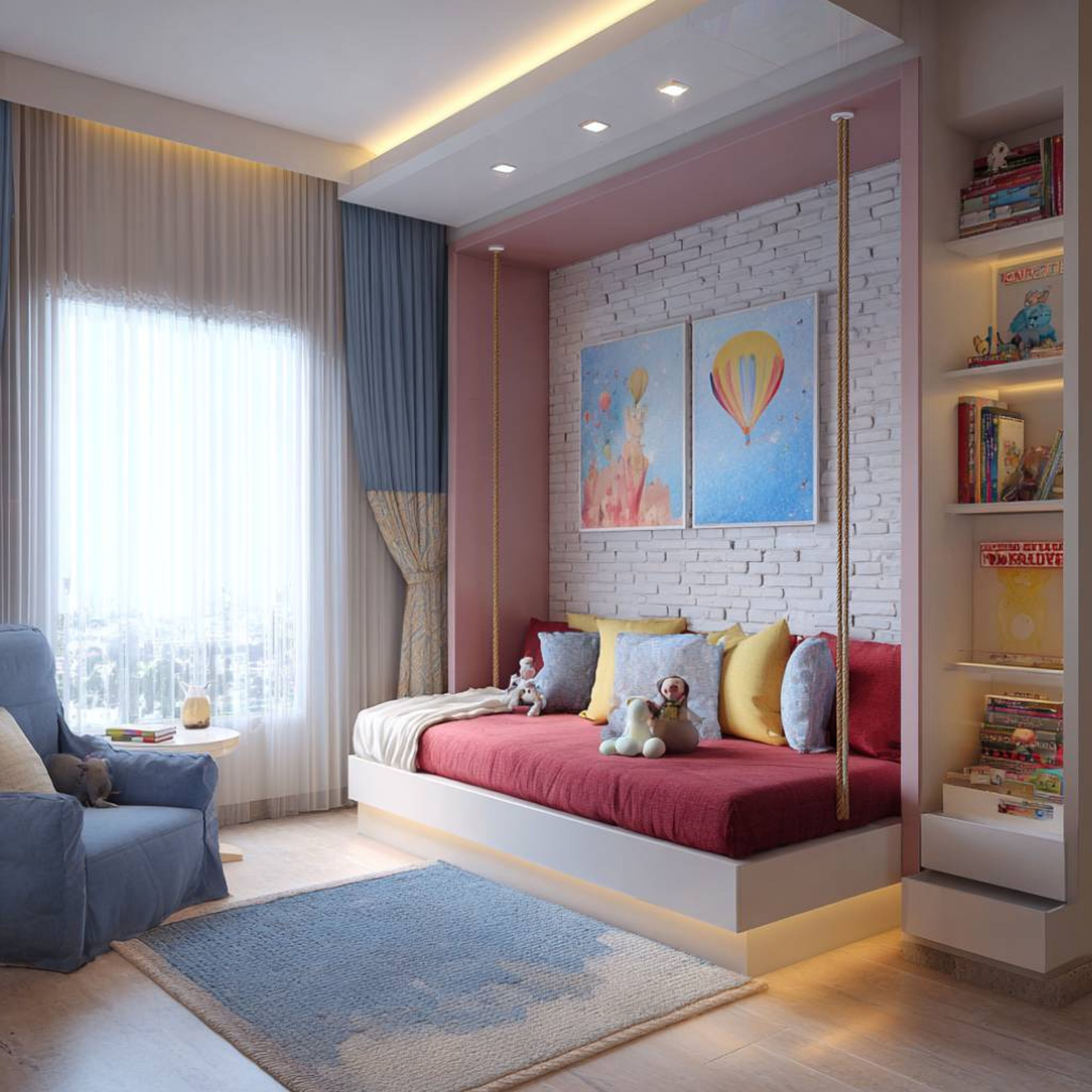 Modern Kids Bedroom Design with Open Shelves and Blue Accents