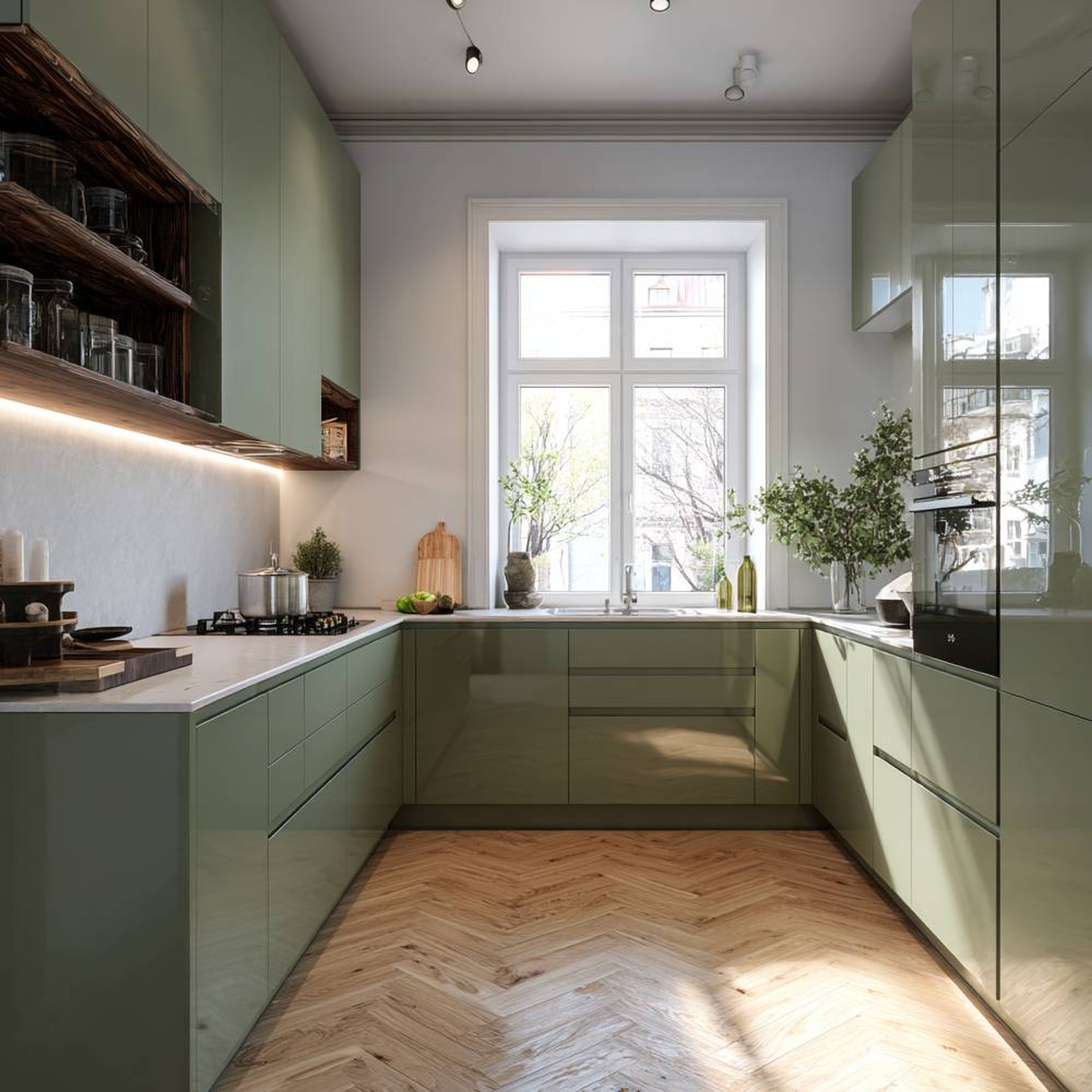 Modern U-Shaped Kitchen Design with Glossy Green Cabinetry