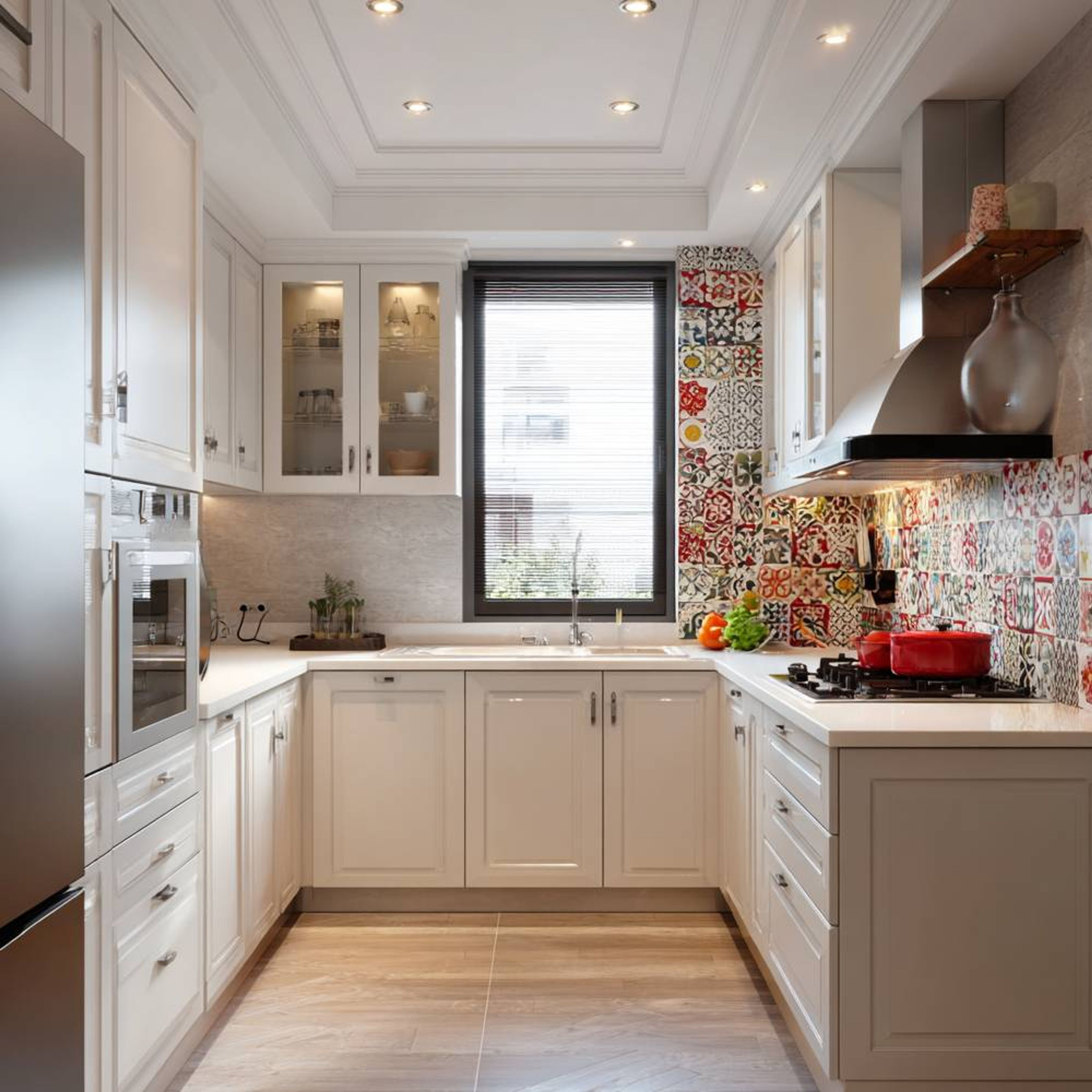 White U-Shaped Kitchen Design with Glass Cabinets and Molding