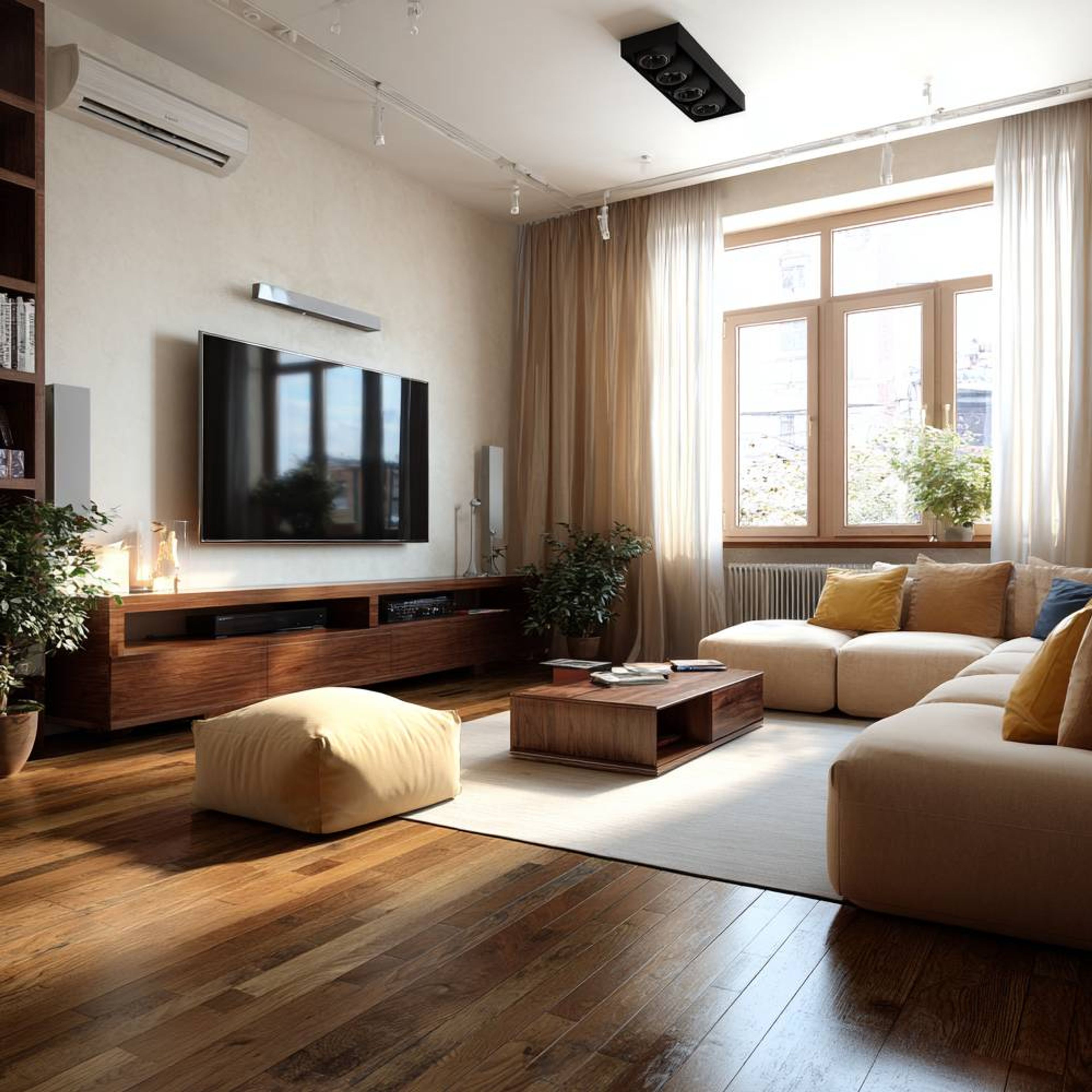 Contemporary Living Room Design With Cream Sofa and Wooden Center Table