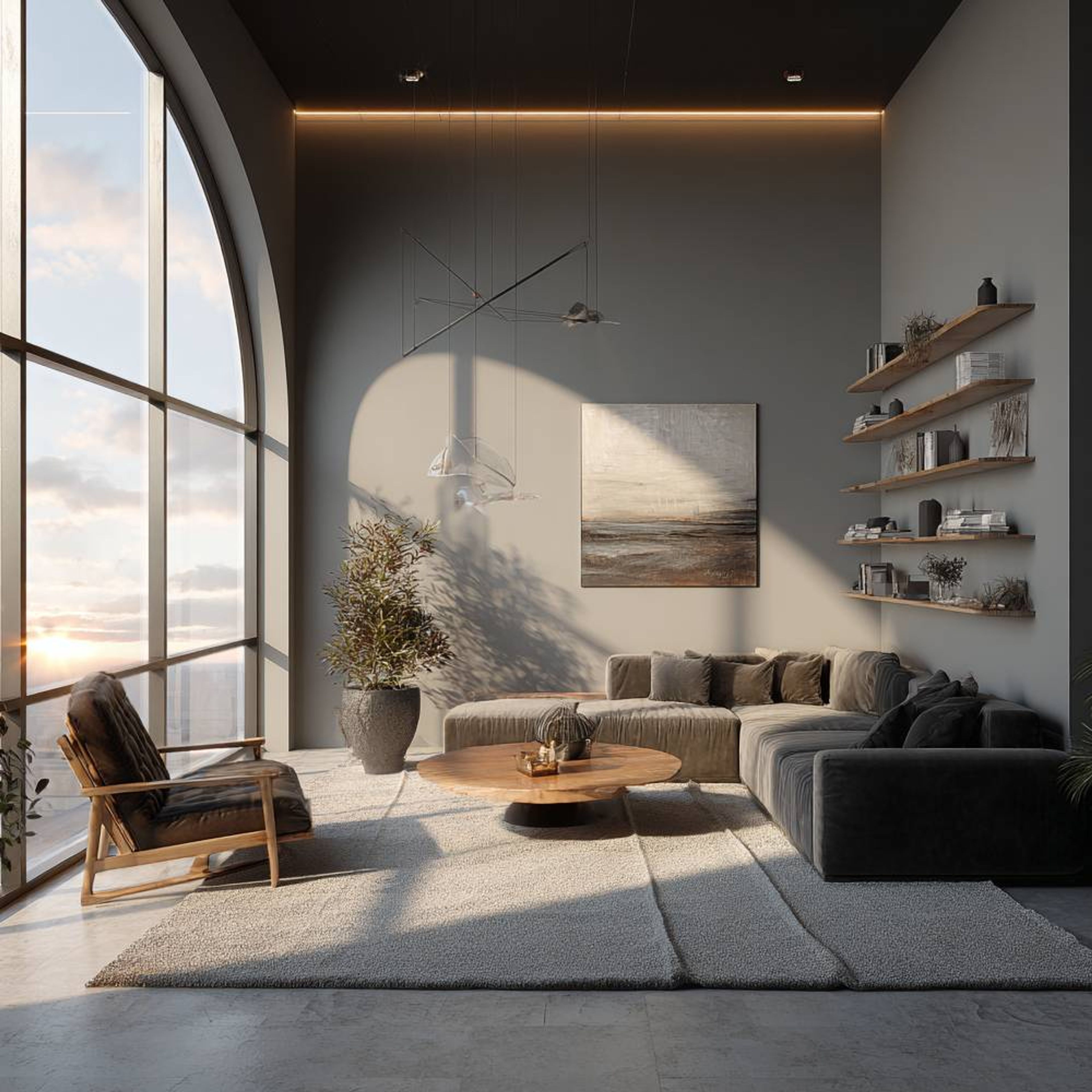 Modern Living Room Design With Arched Windows and Shelves