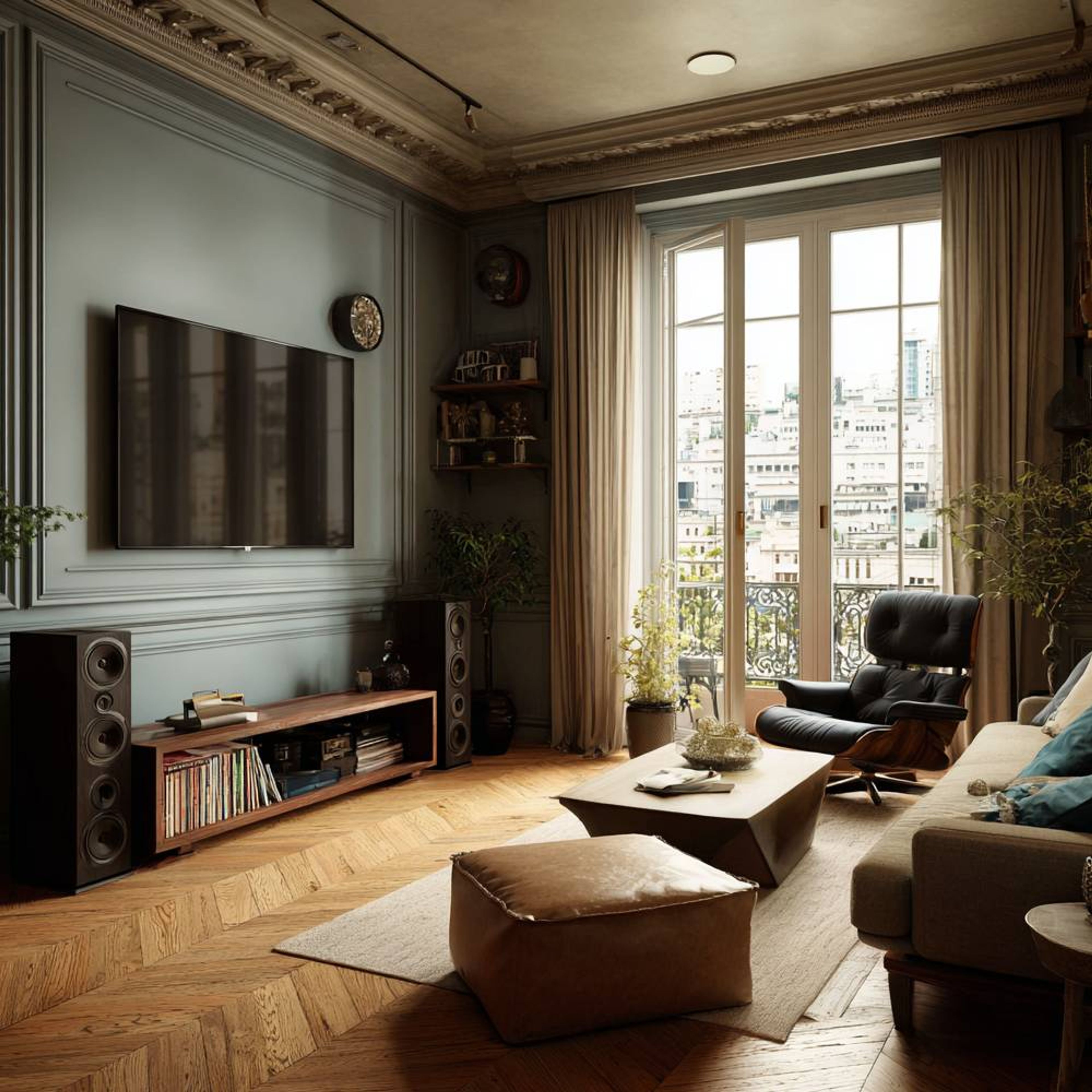 Suede-Finished Contemporary Brown TV Unit Design With Flanking Vertical Storage