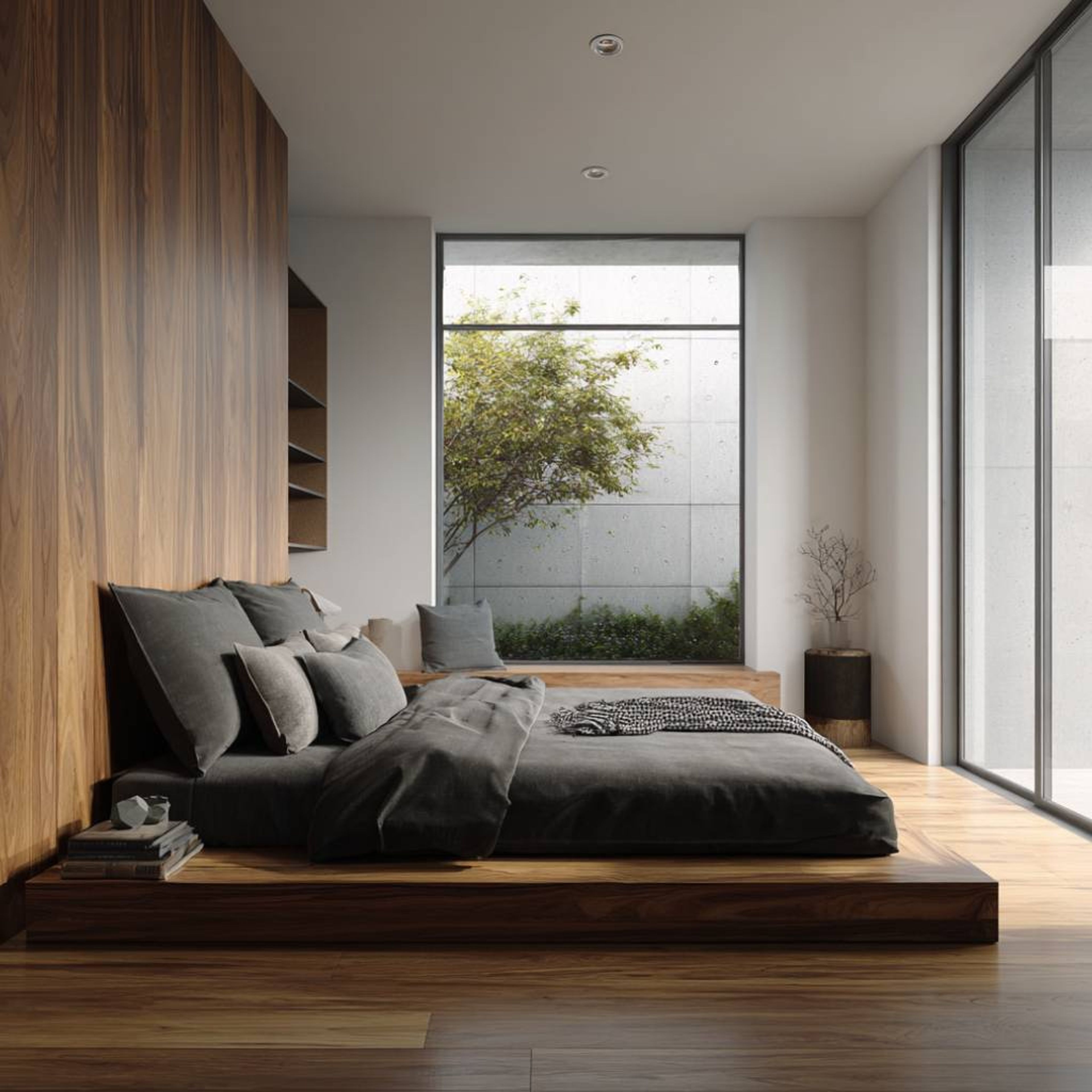 Contemporary Master Bedroom Design with Platform Bed and Seamless Cabinetry