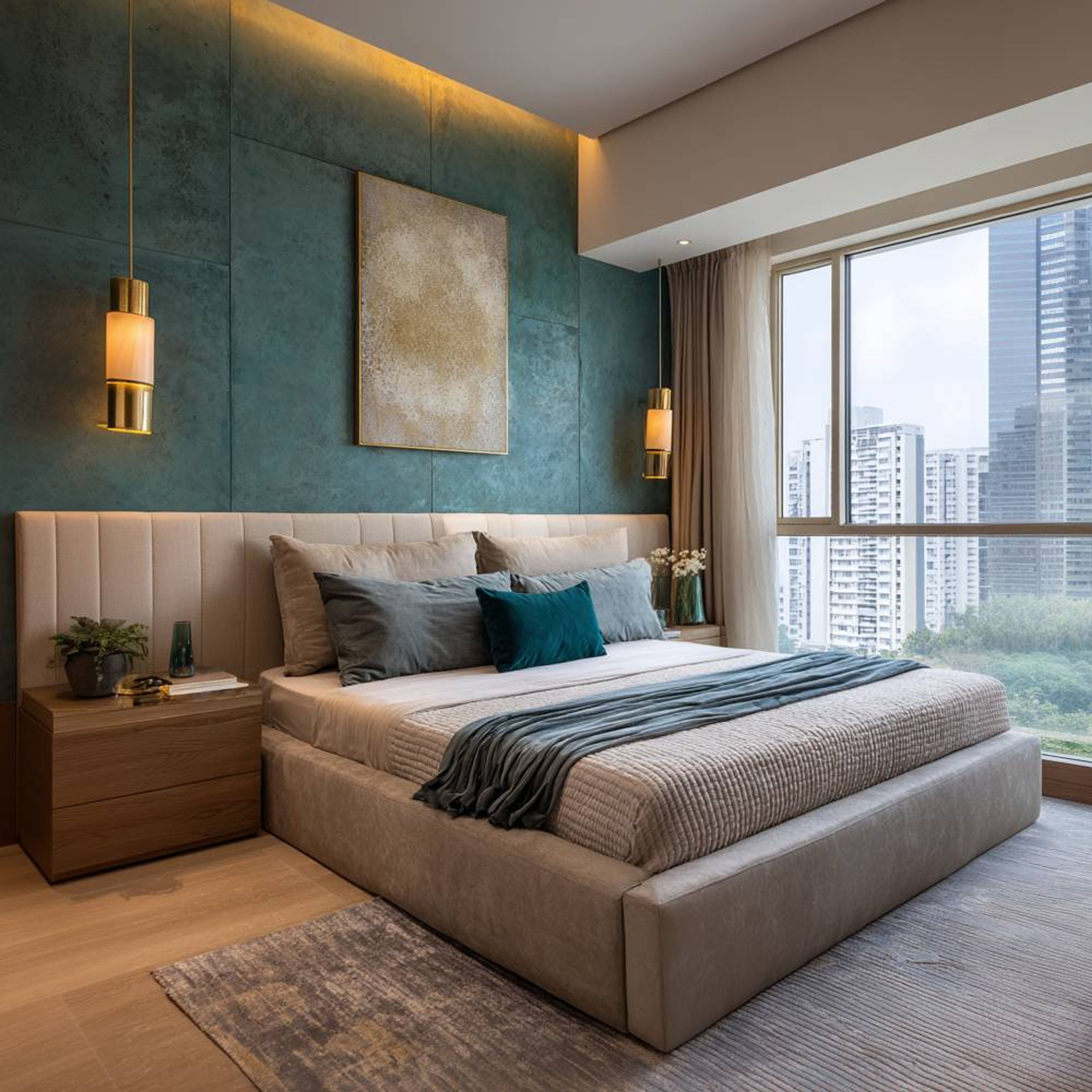 Contemporary Master Bedroom Design With Teal Wall and Hidden Storage