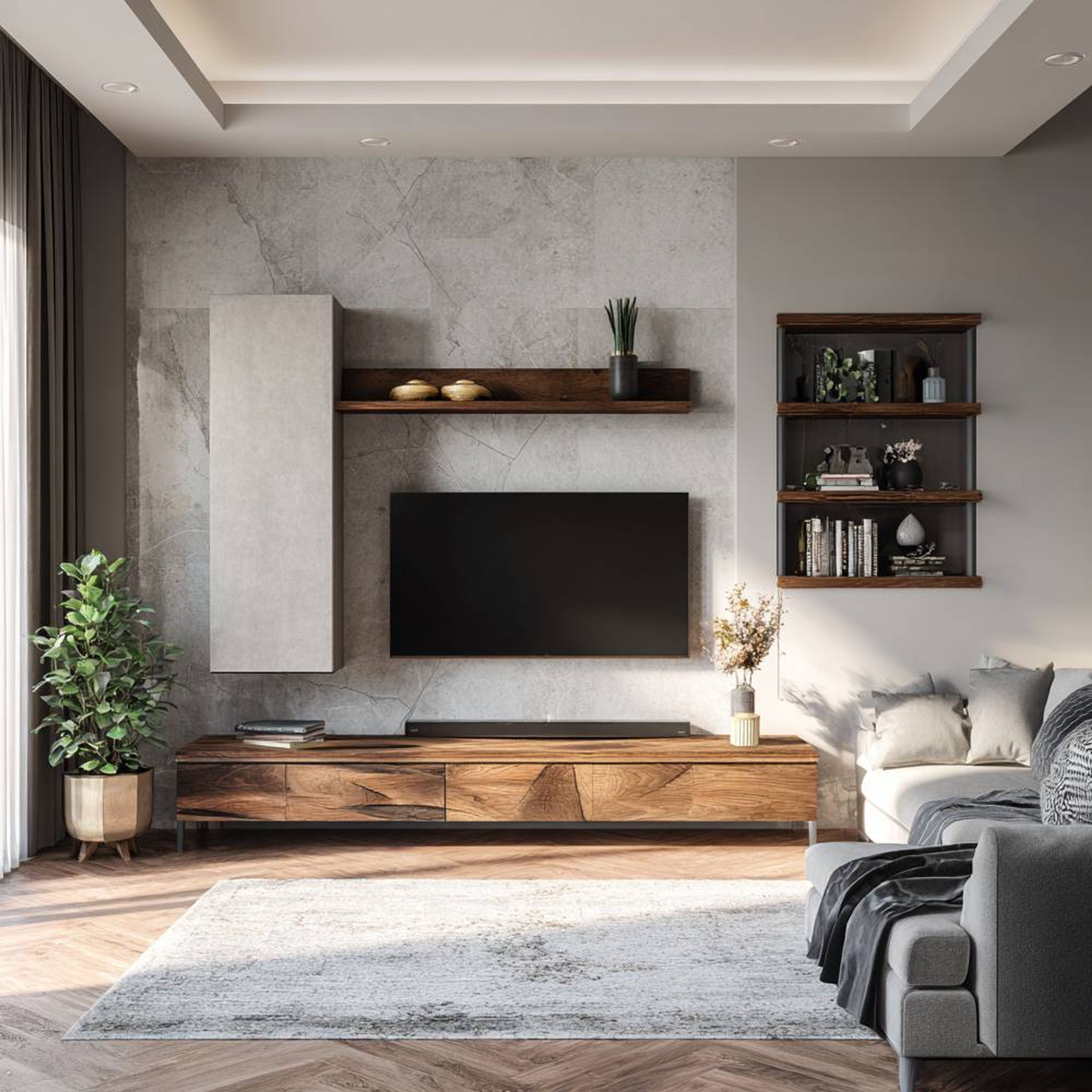 Contemporary Brown and Grey TV Unit Design With Textured Wall Backdrop