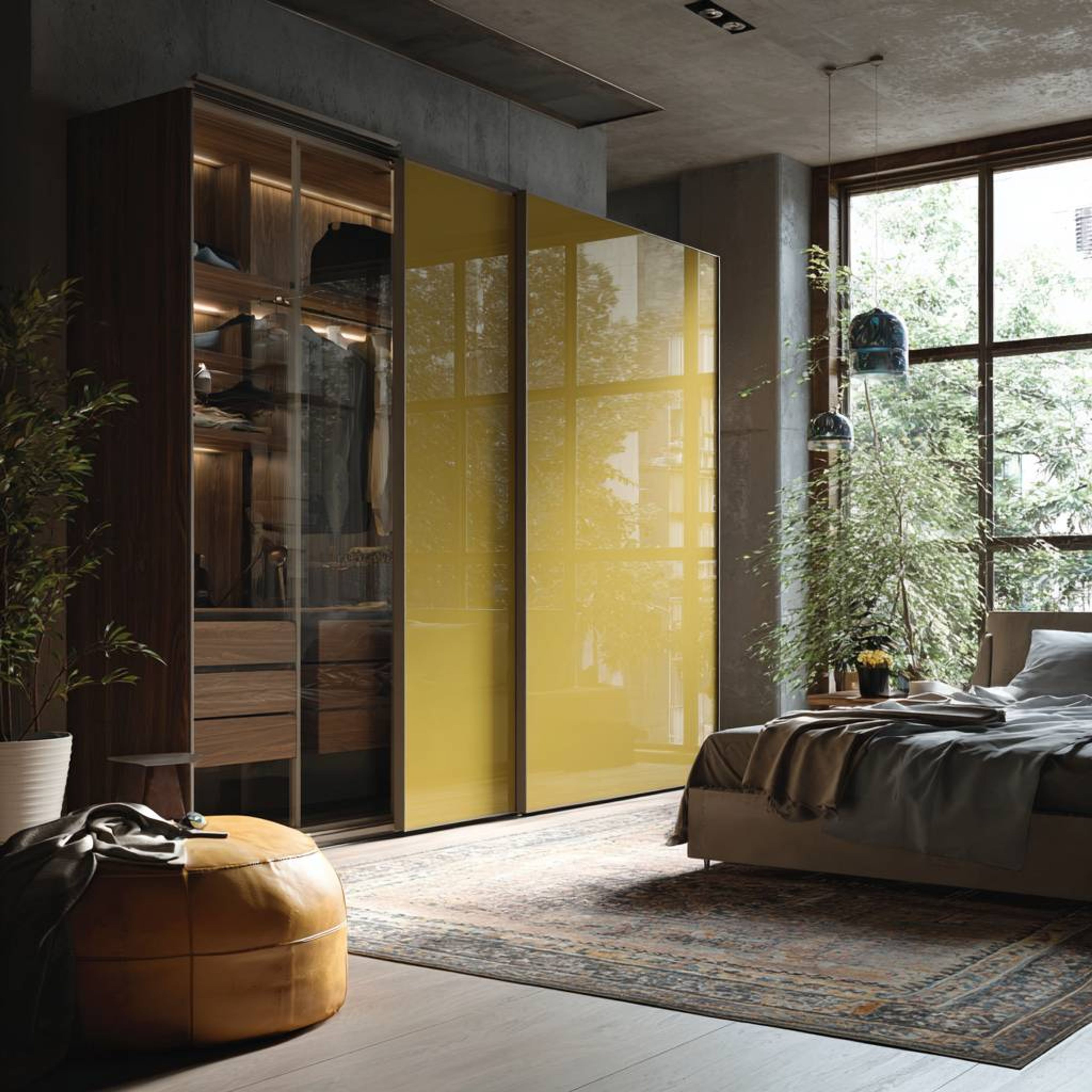 2-Door Modern Wardrobe Design with Reflective Yellow Glass Shutters