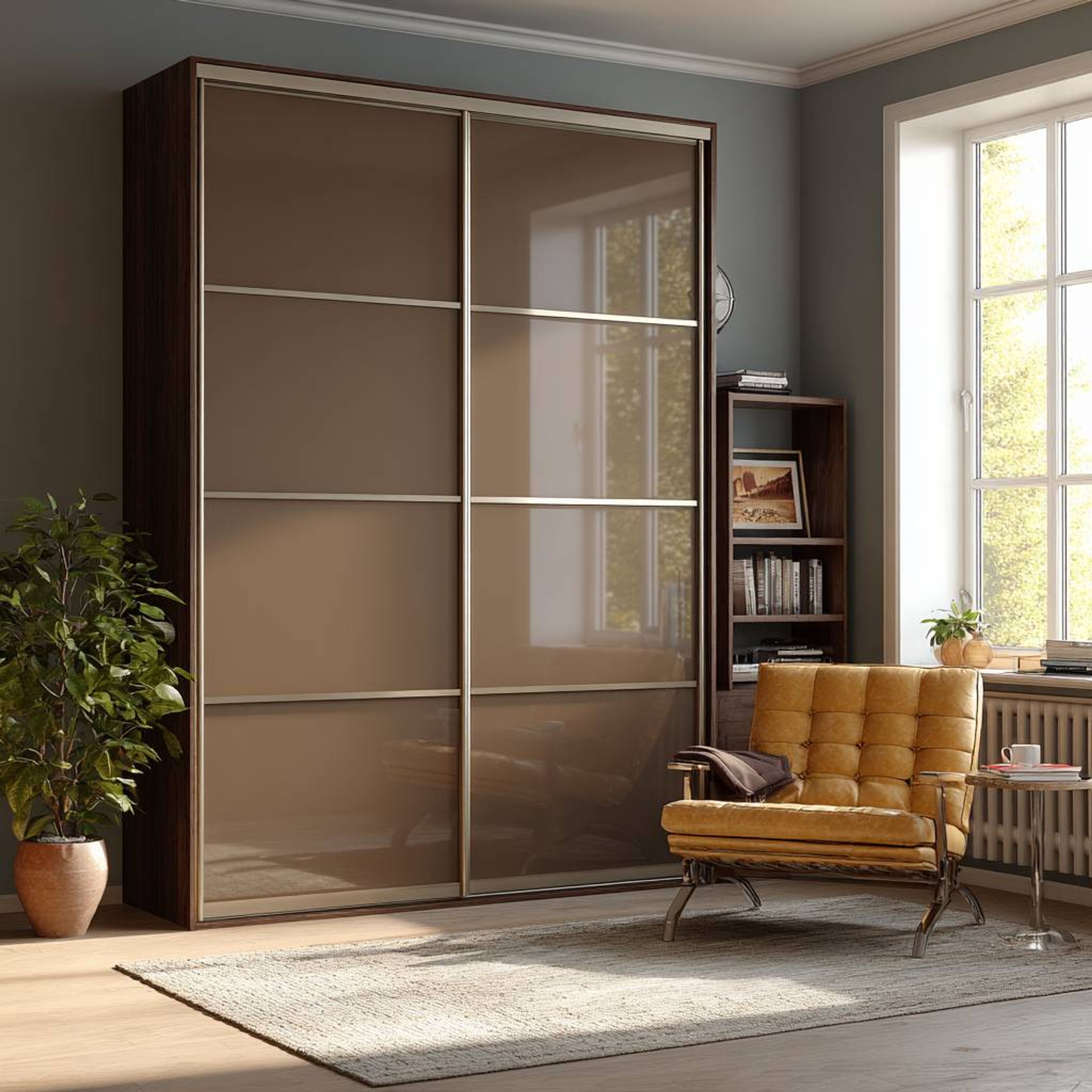 Modern Brown 2-Door Sliding Wardrobe Design With Lacquered Glass