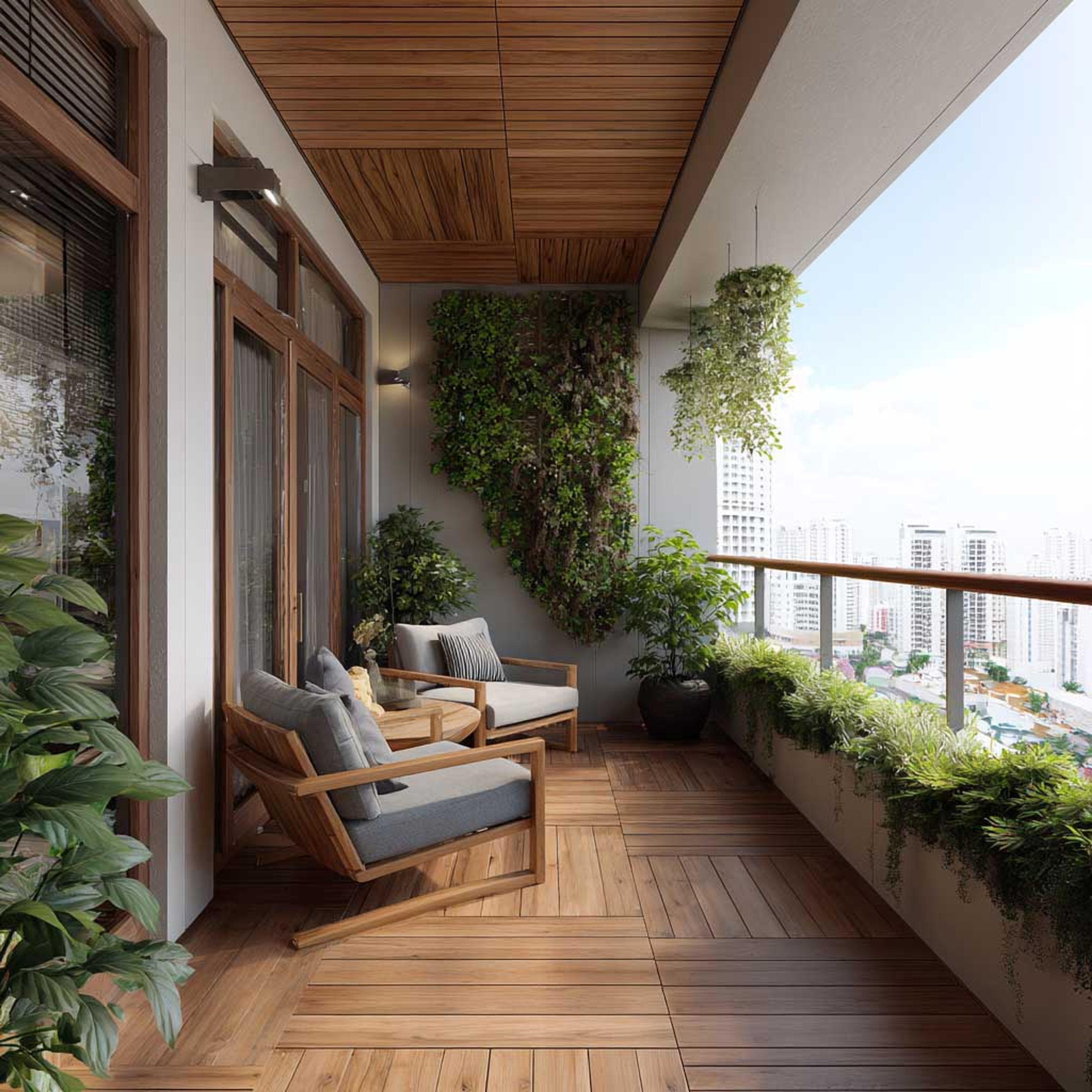 Balcony Design with Vertical Garden and Organic Wooden Touches
