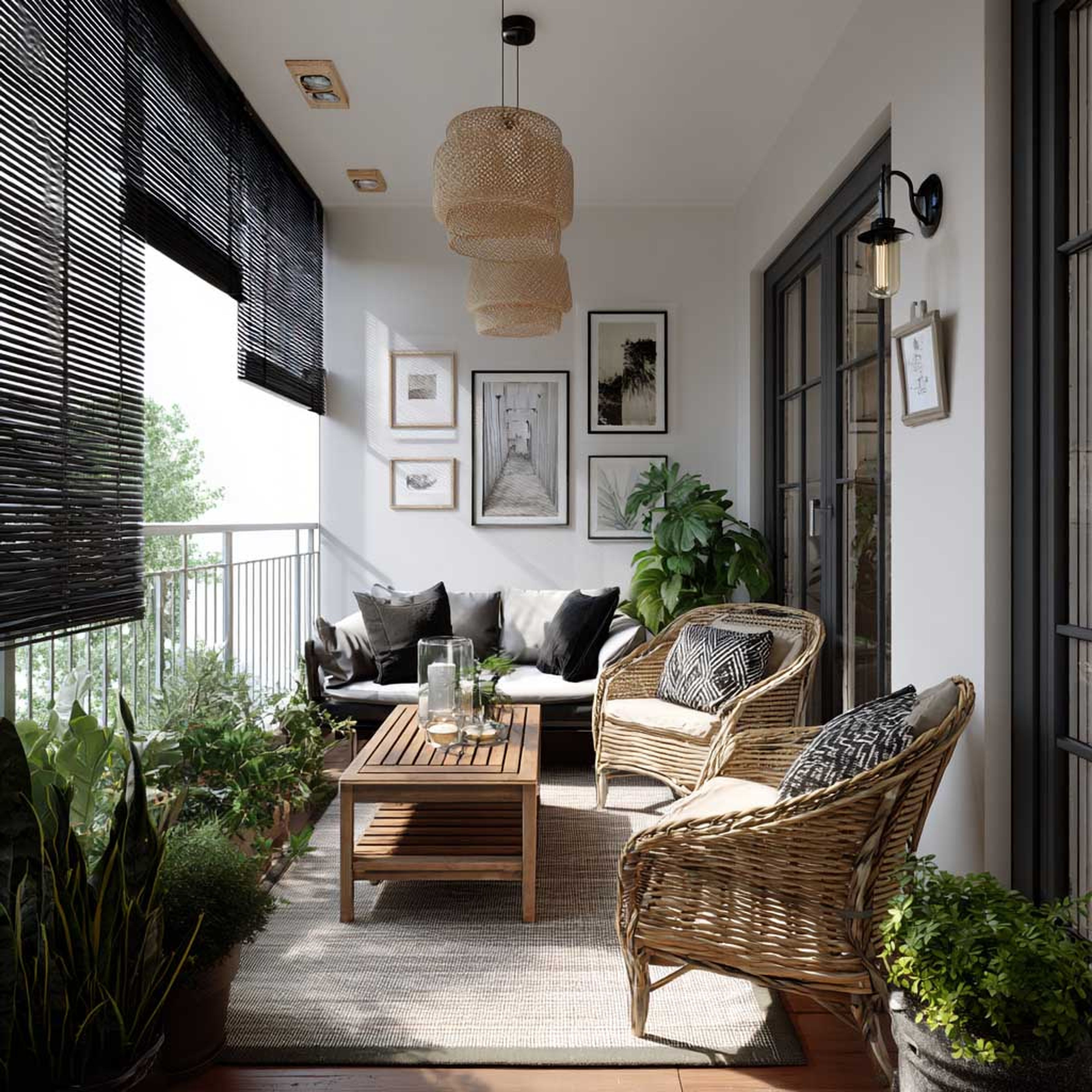 Balcony Design with White Walls and Eclectic Gallery Display