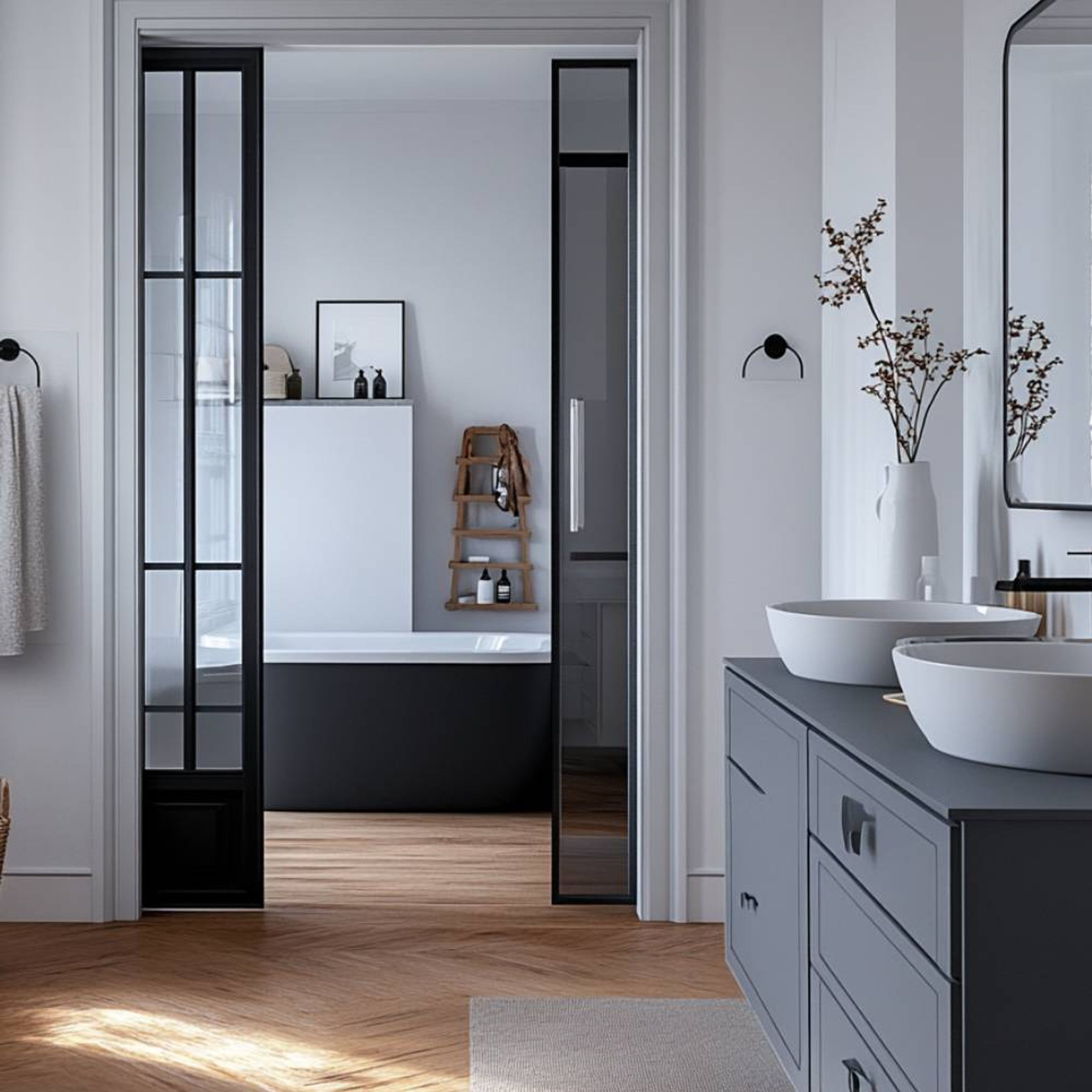 White Tiles Bathroom Design with Rectangular Mirror