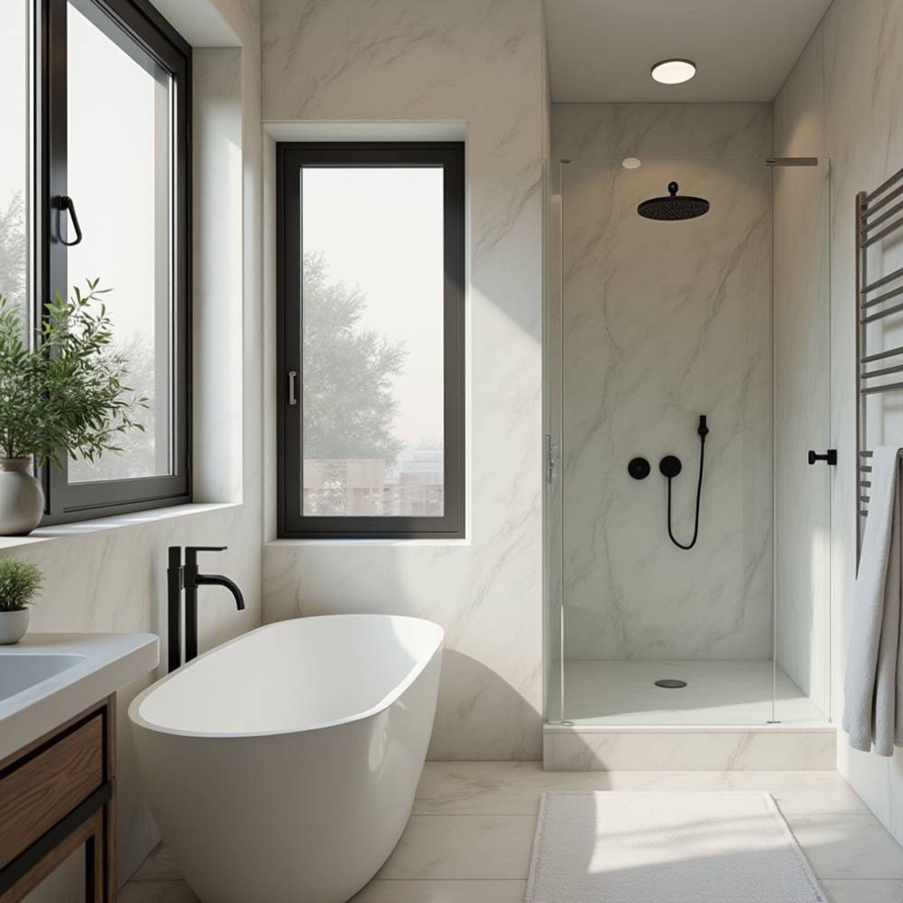 Bathroom Design with Cream Tiles and Vanity Storage
