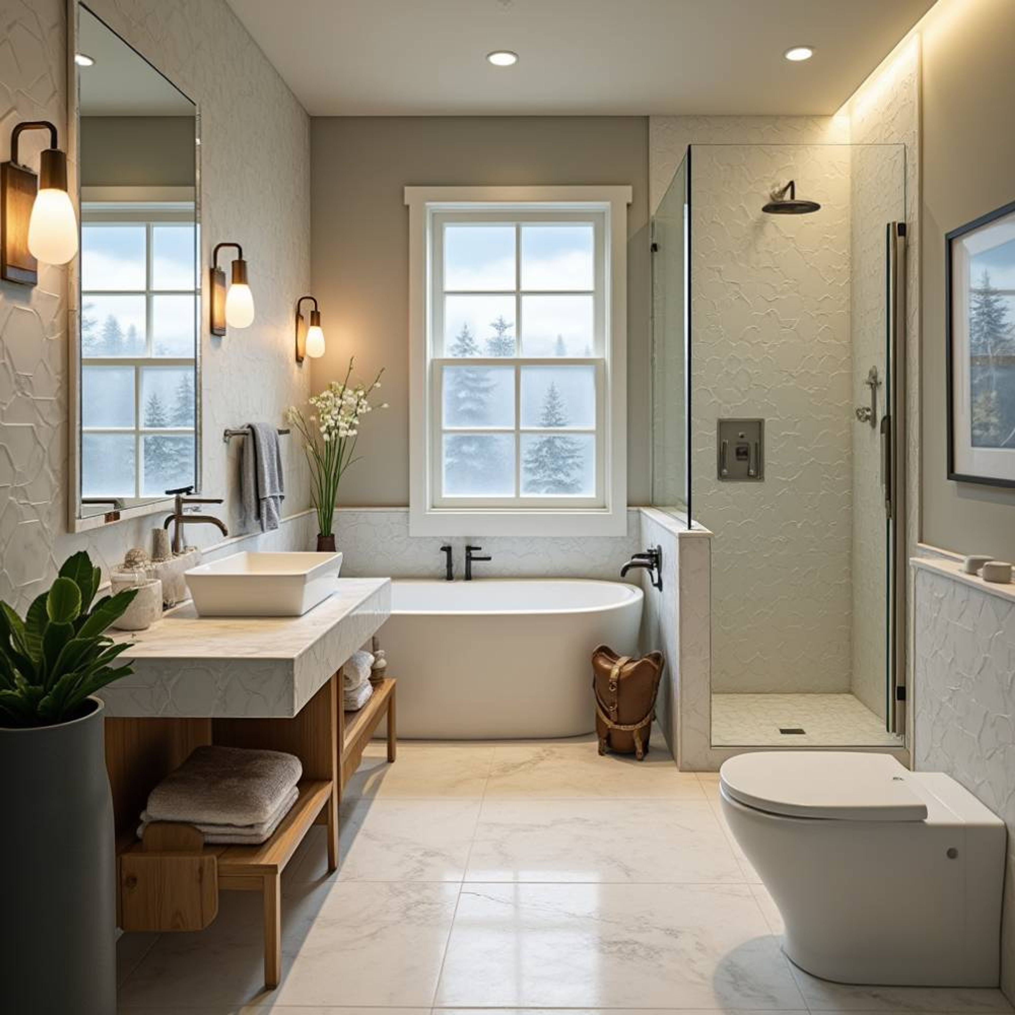 Bathroom Design with Cream Tiles and Suede Vanity