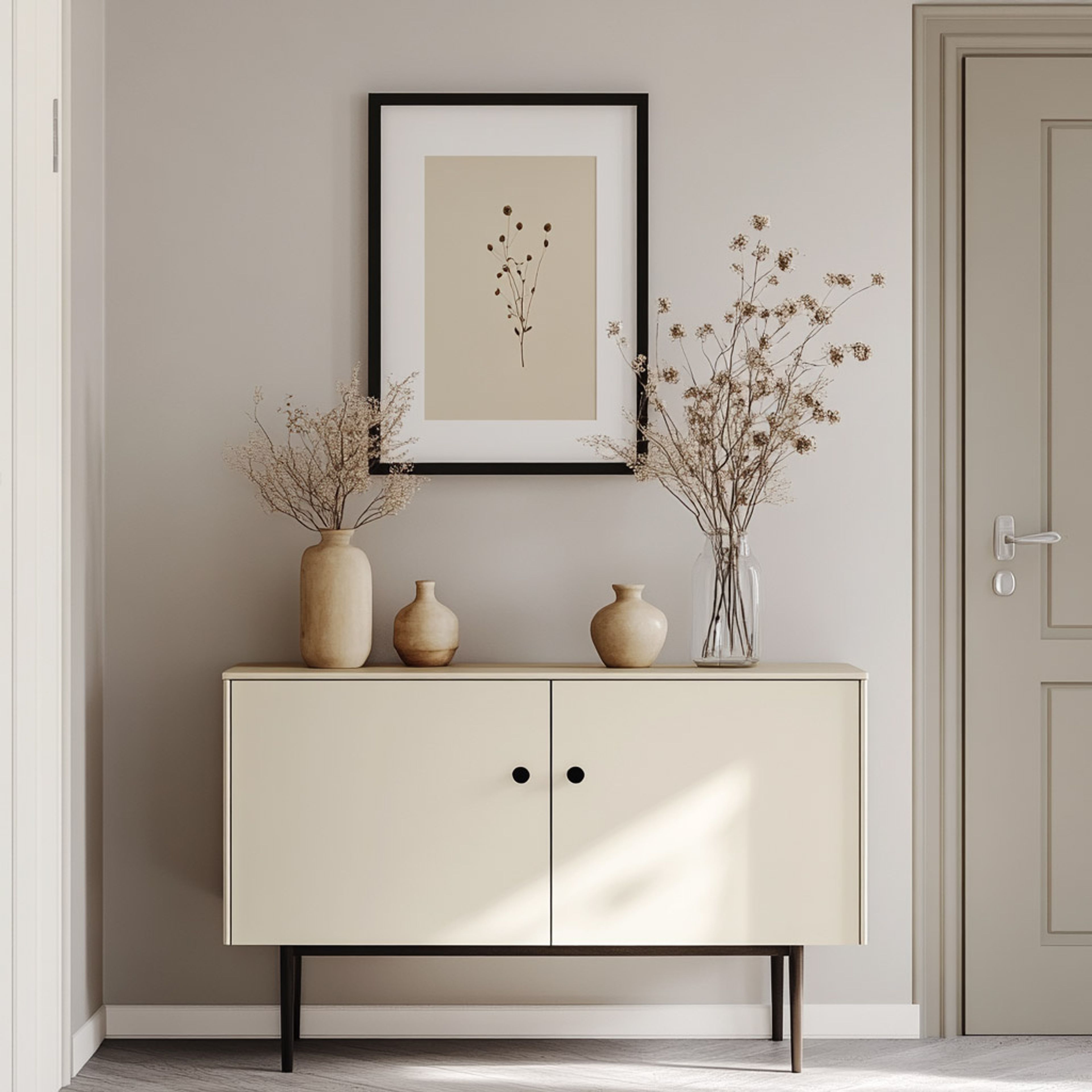 White Foyer Design with Dual Cabinets