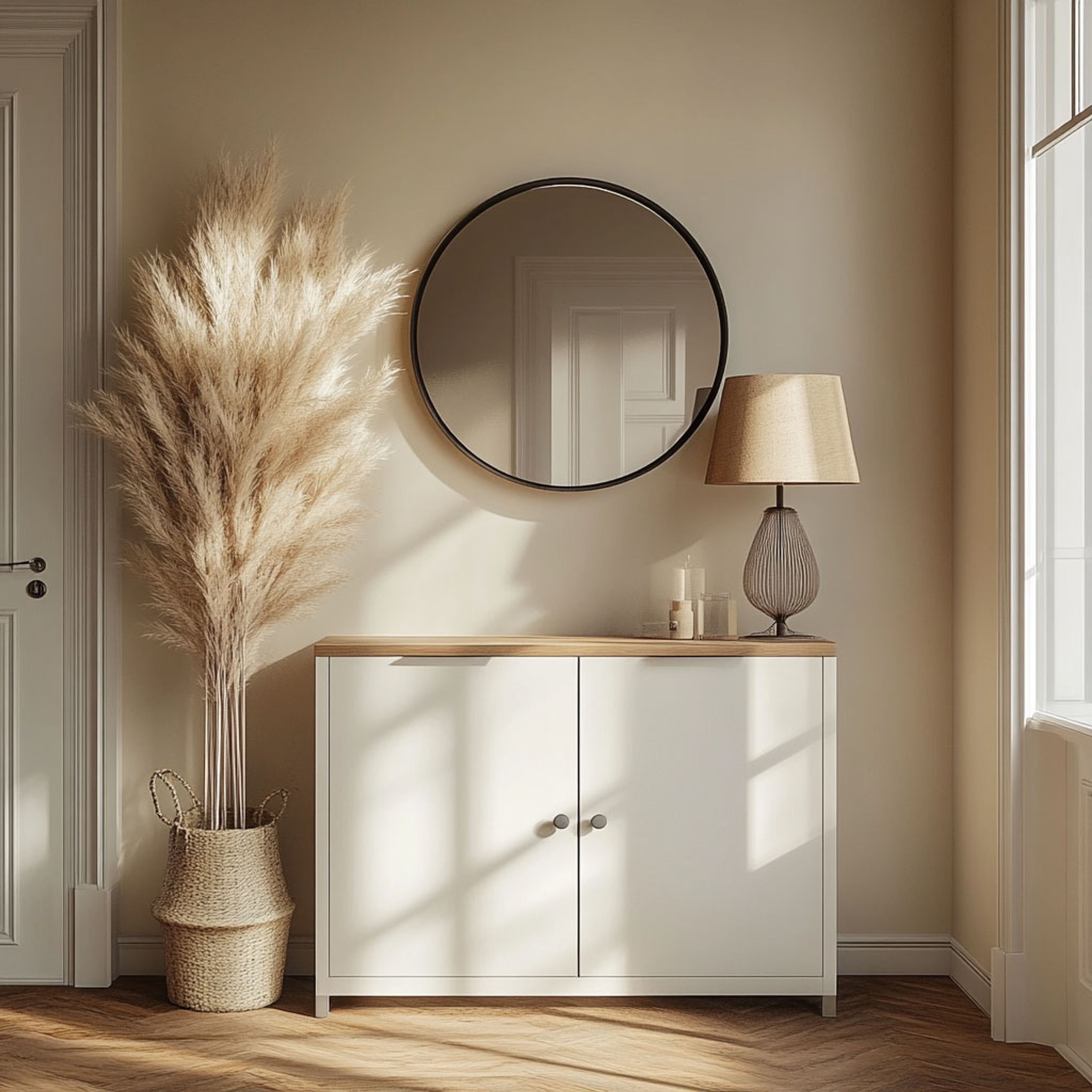 White and Brown Foyer Design with White Sideboard