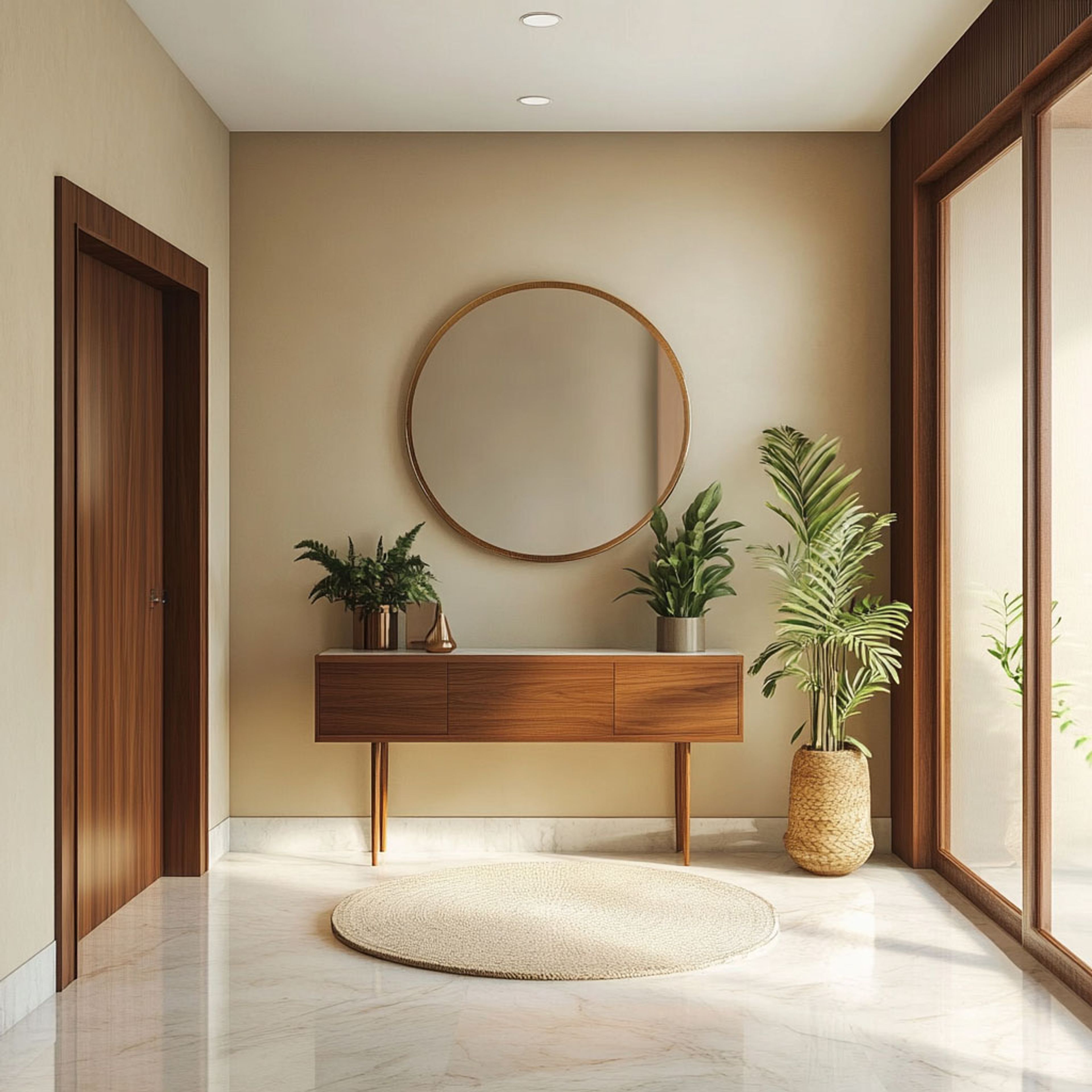Brown Foyer Design with Wooden Finishes