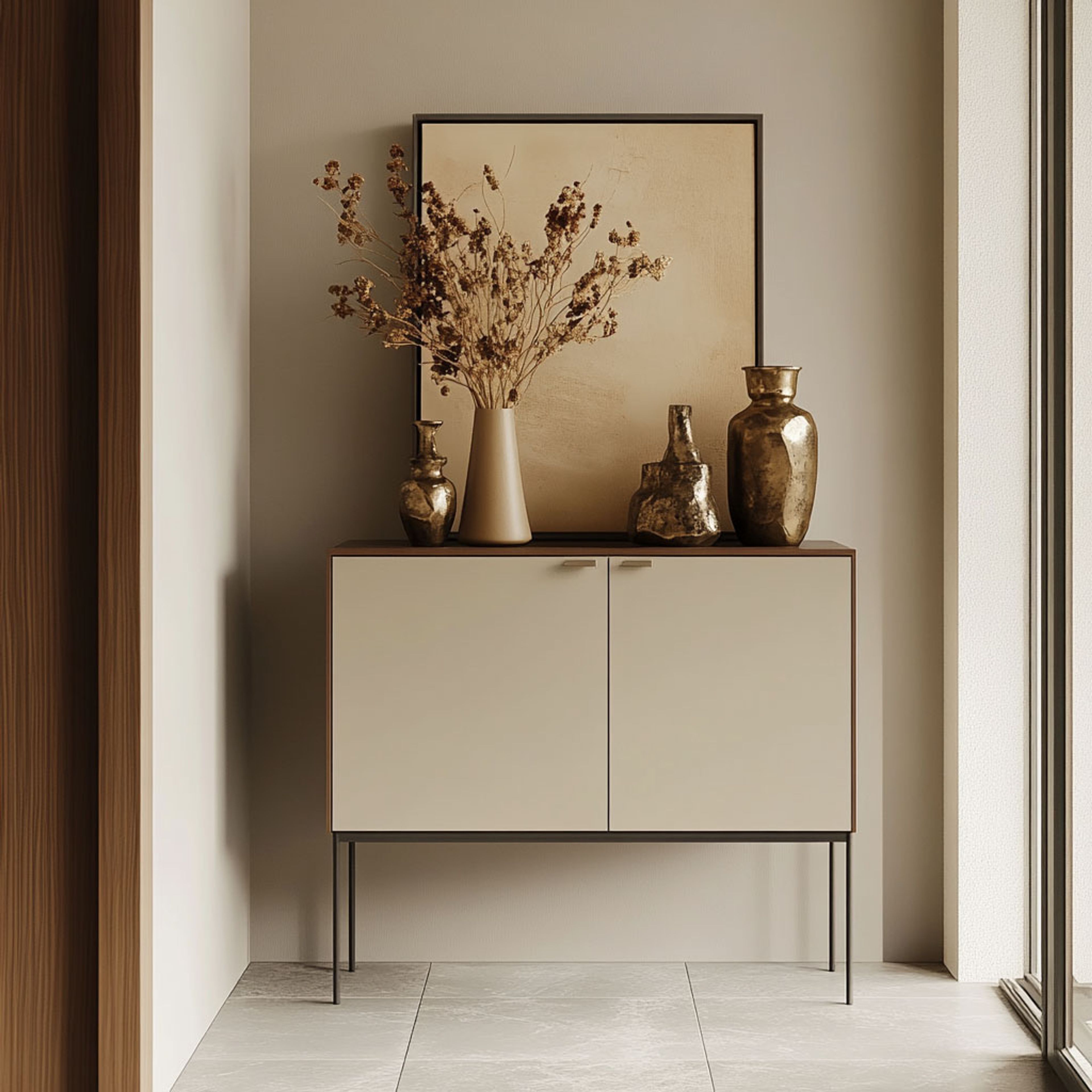 Cream Foyer Design with Console and Hidden Storage