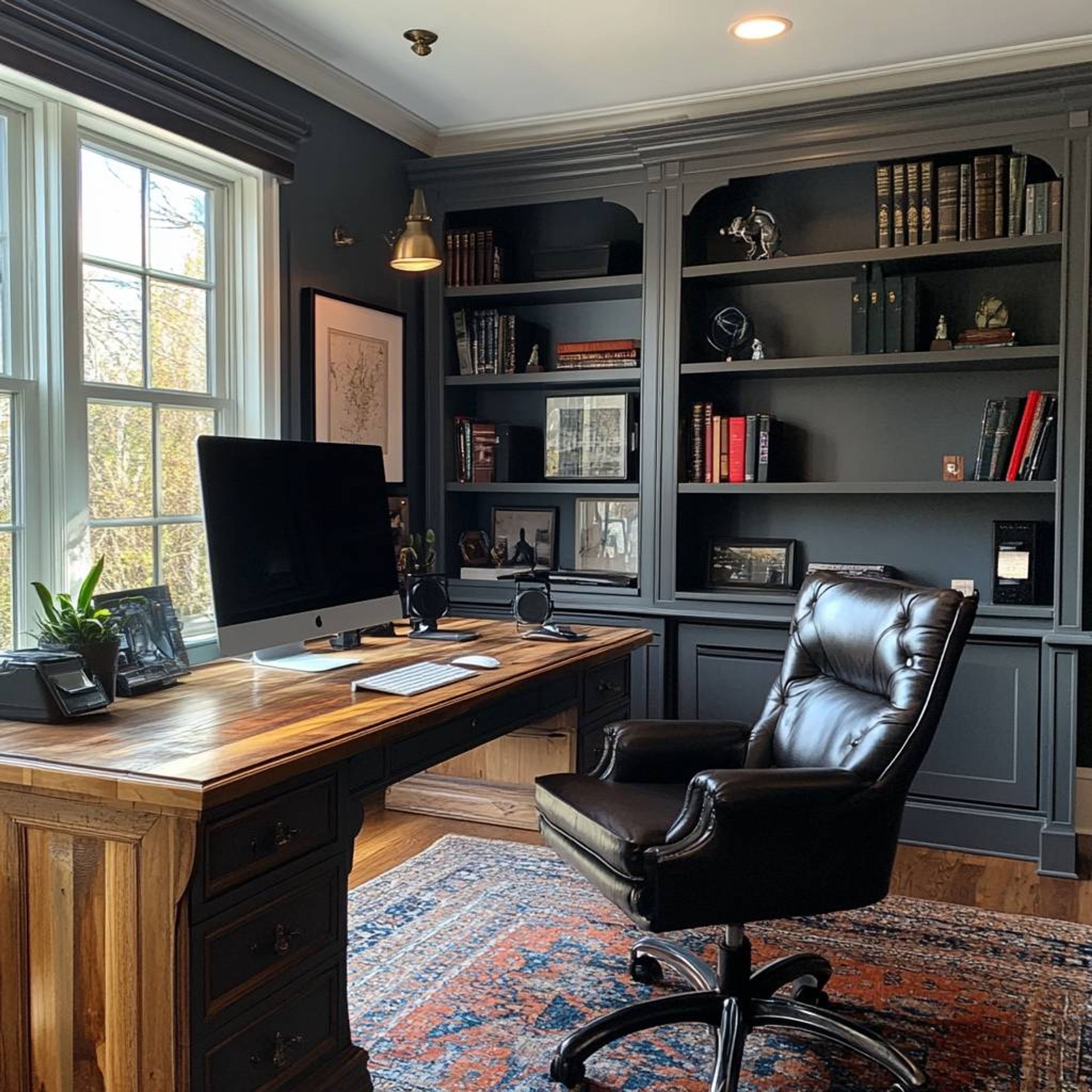 Brown Rustic Home Office Design with Wooden Desk Leather Chair and Bookshelves