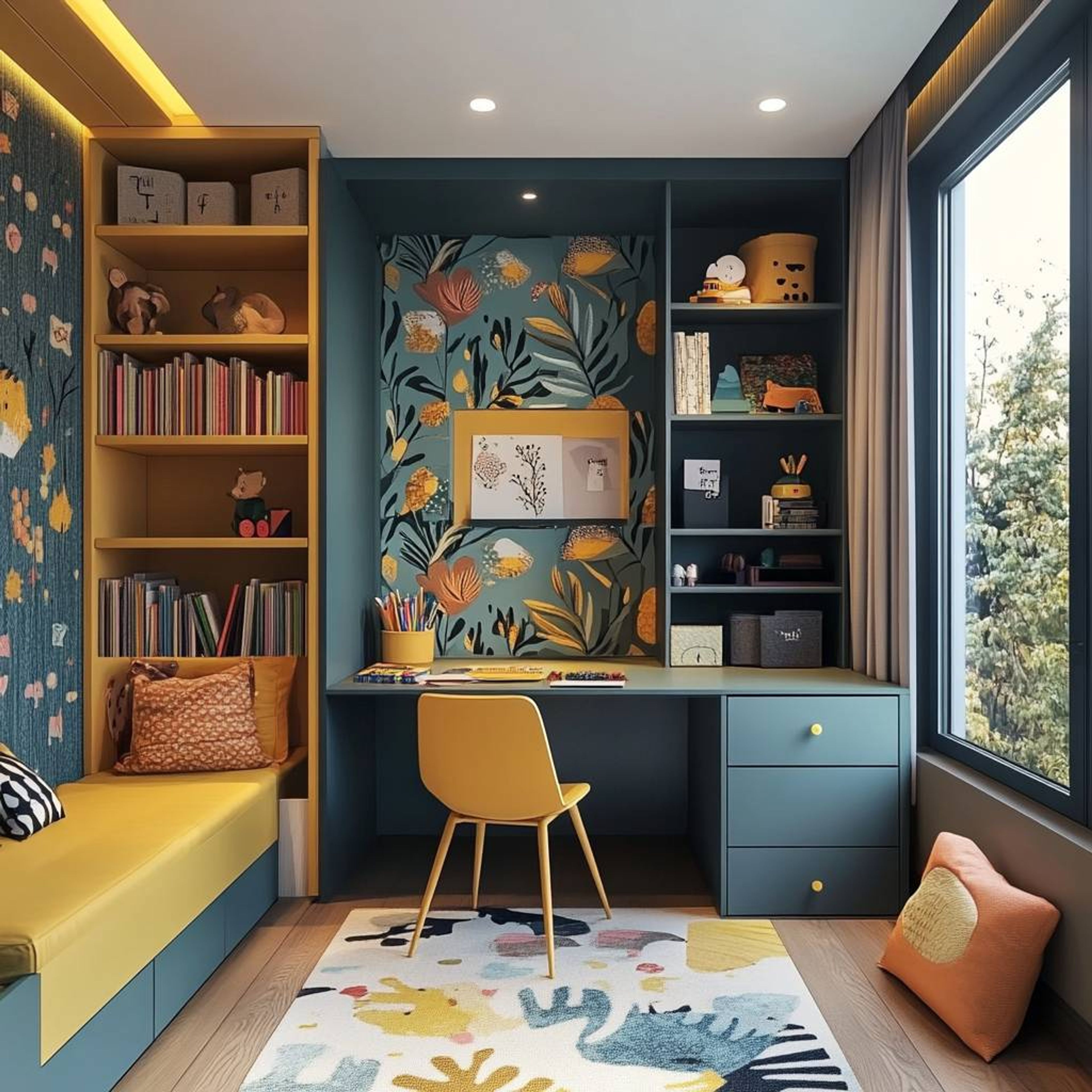 Blue Green Modern Home Office Design with Open Shelving and Built-in Desk