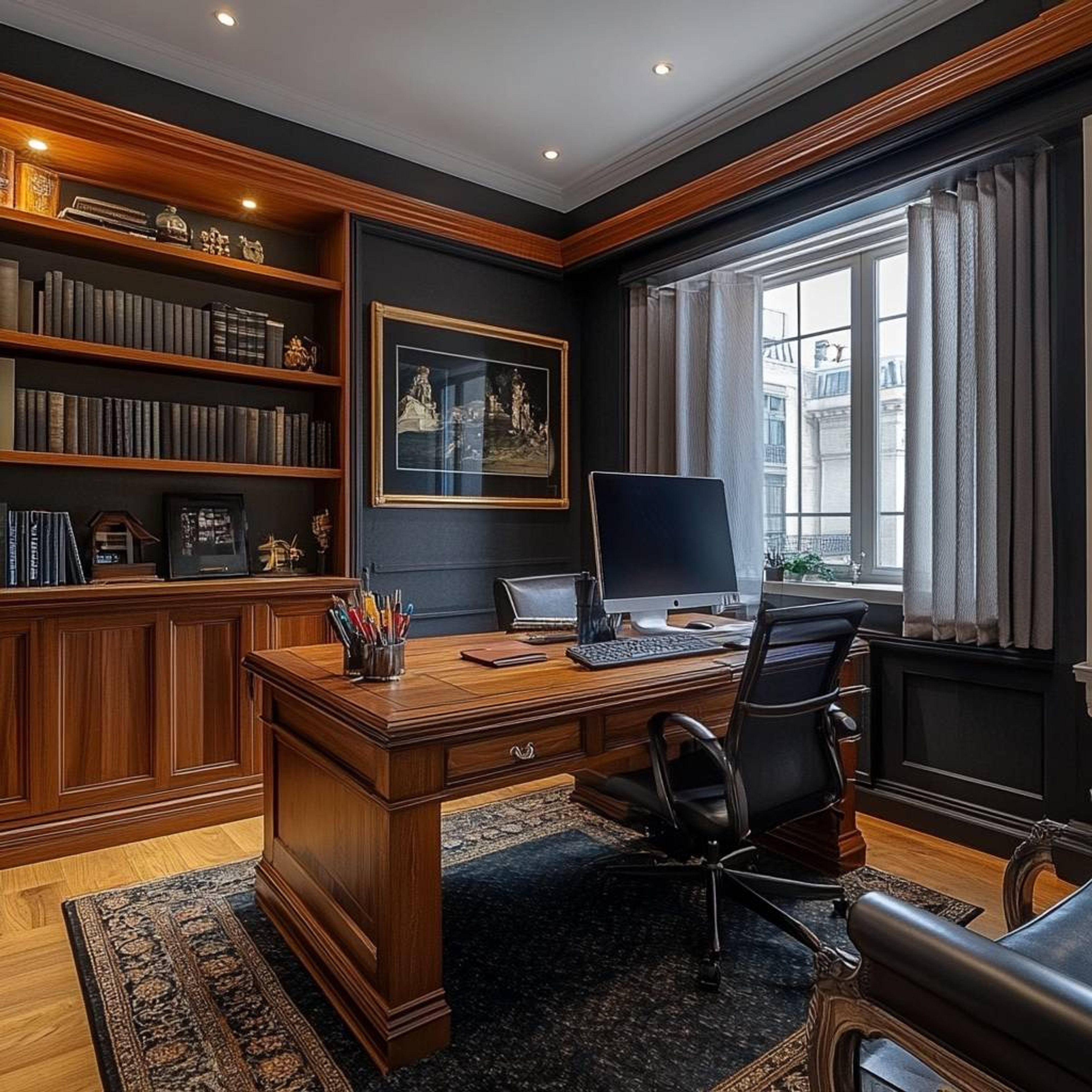 Home Office Design with Glossy Veneer Finish and Wooden Accents