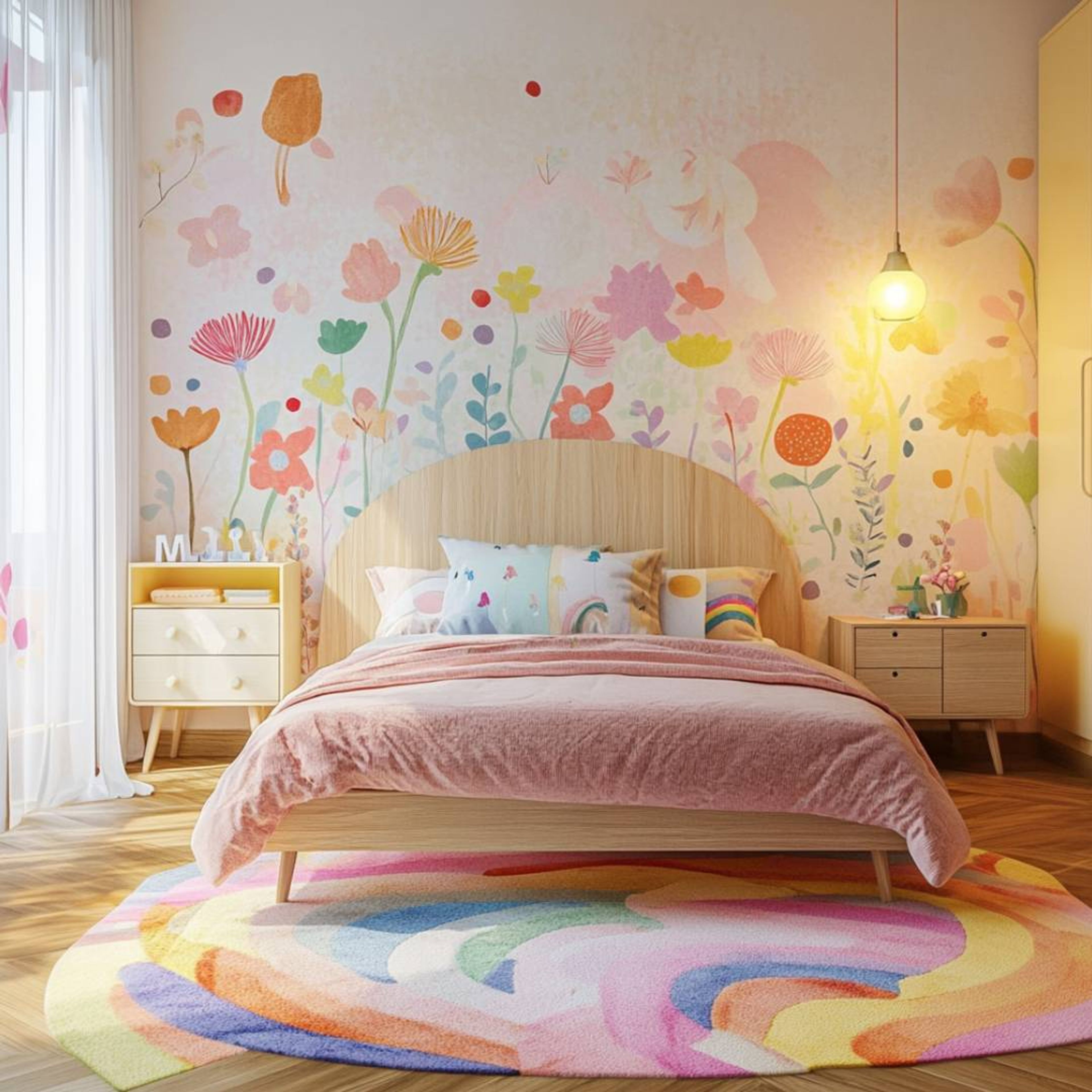 Pastel kids bedroom with floral wall mural, rainbow rug, and soft natural lighting