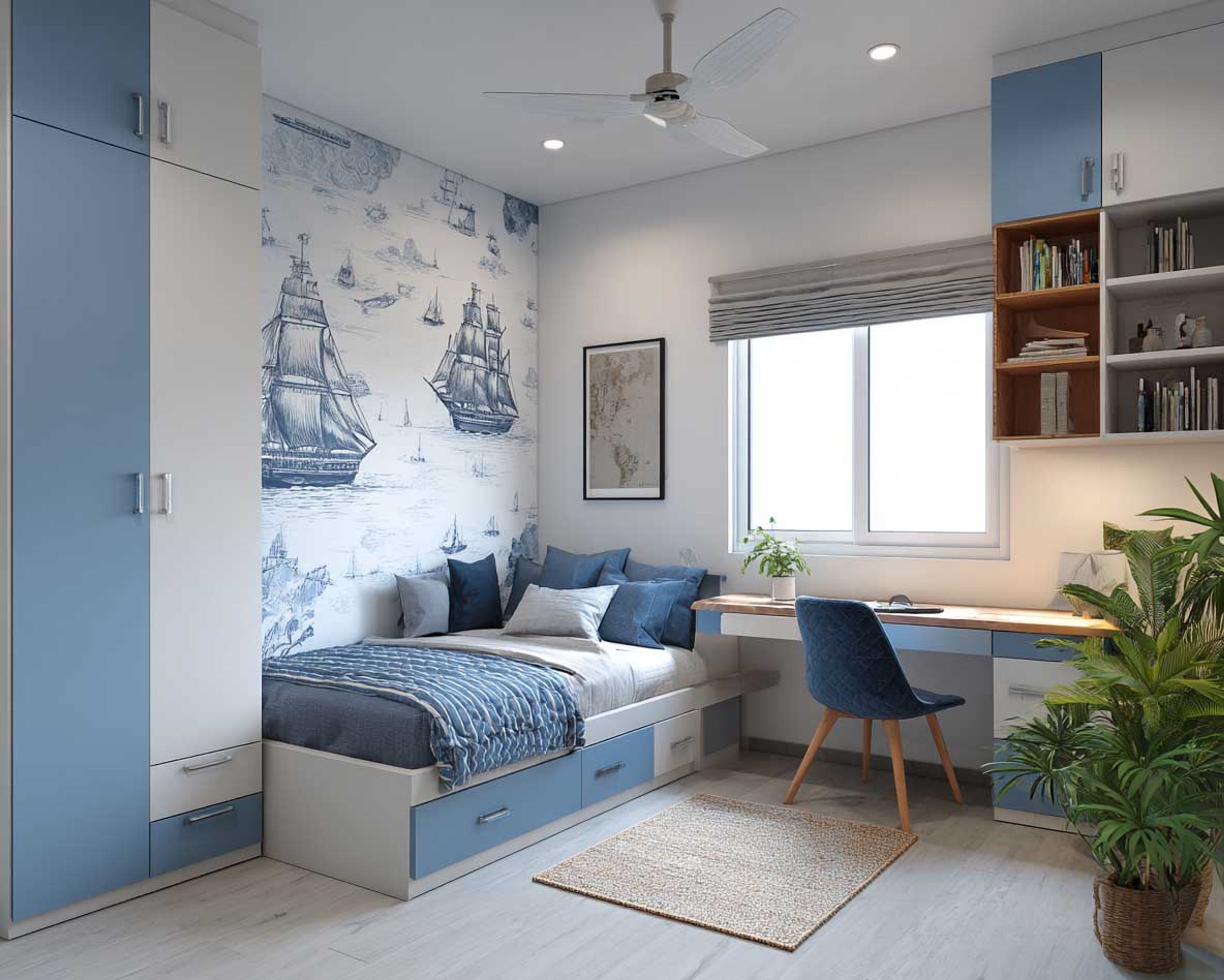 Blue Ships Wallpaper Design with Nautical Themed Illustration