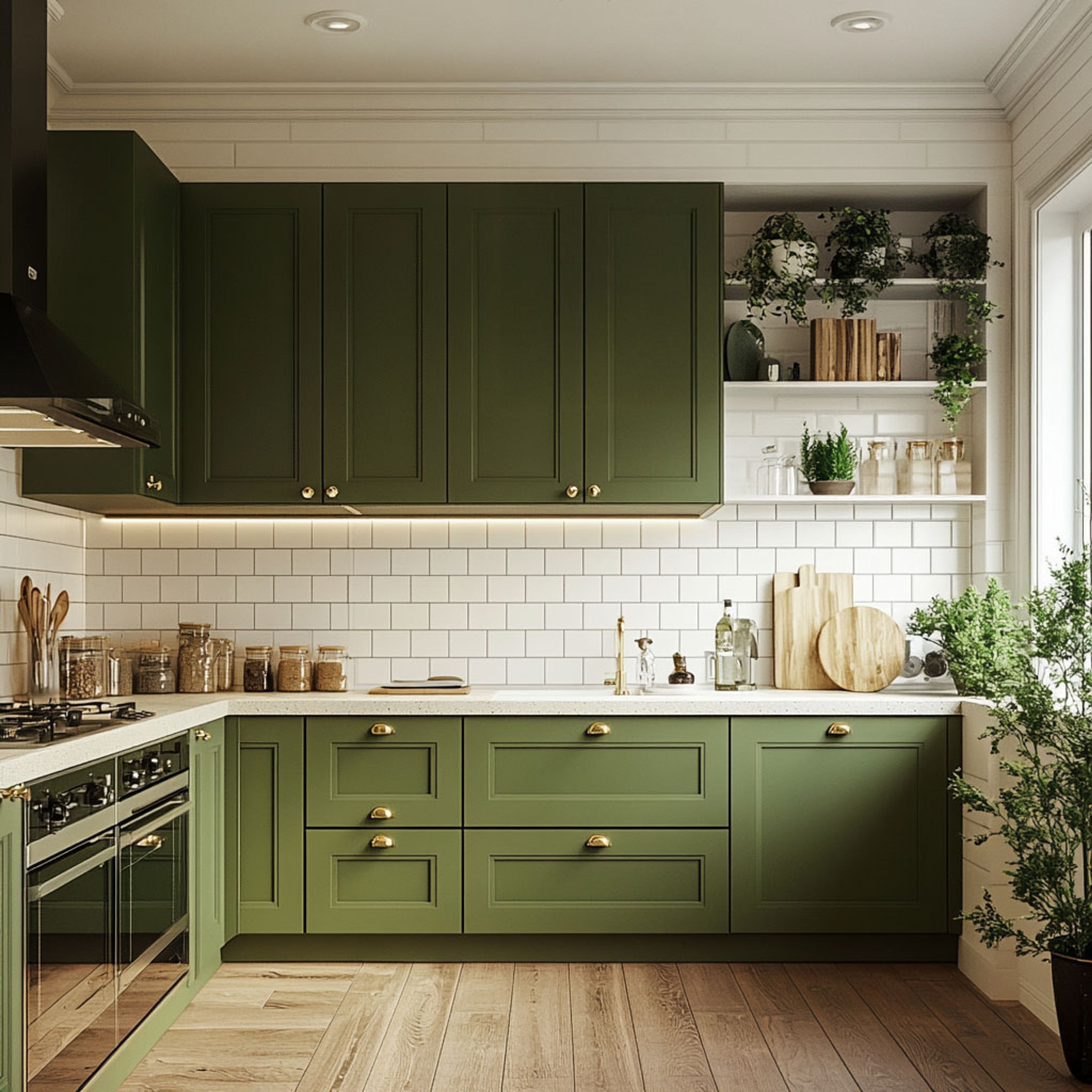 L-Shaped Kitchen Design in Dark Sage Green Colour