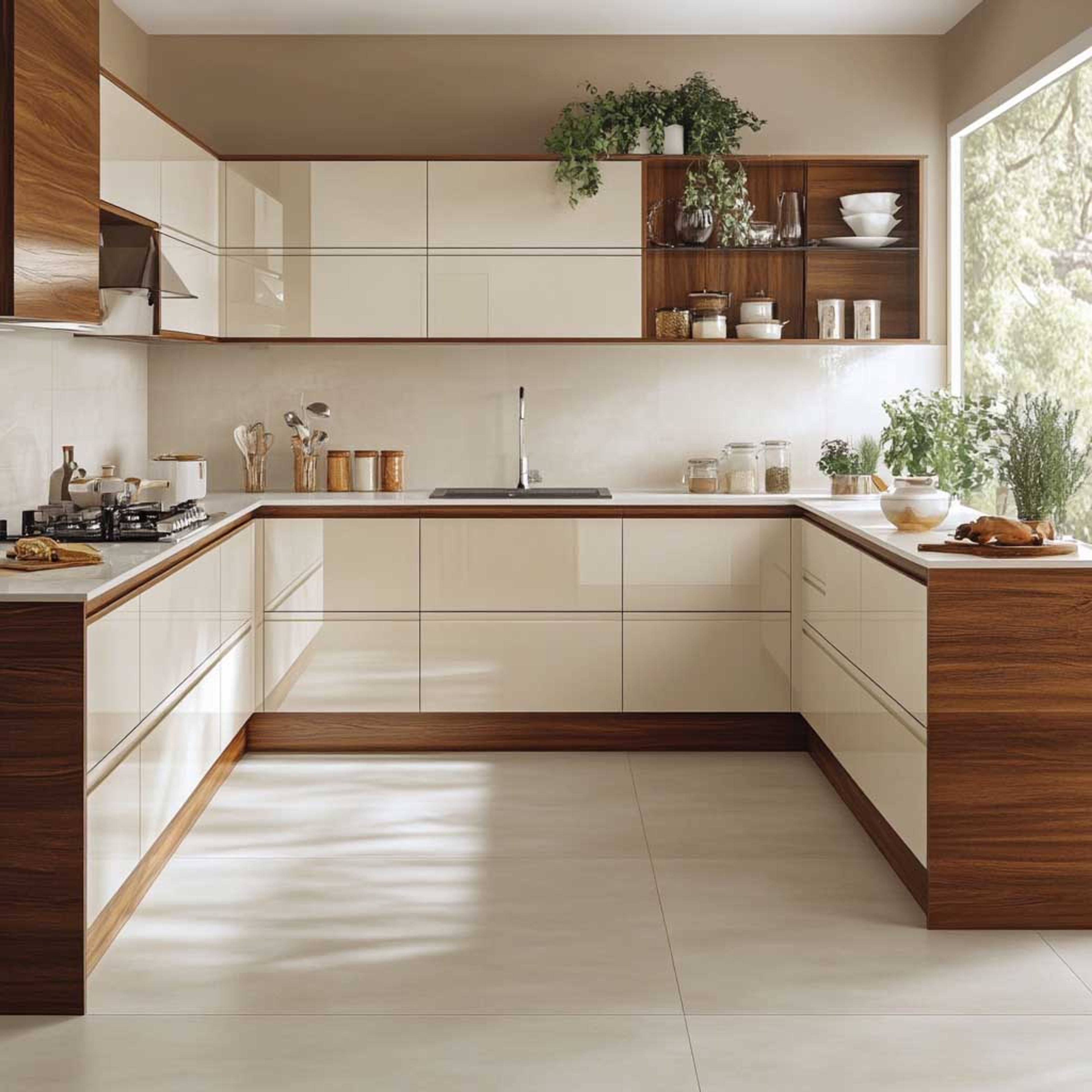 U-Shaped Kitchen Design with High-Gloss Laminate Units