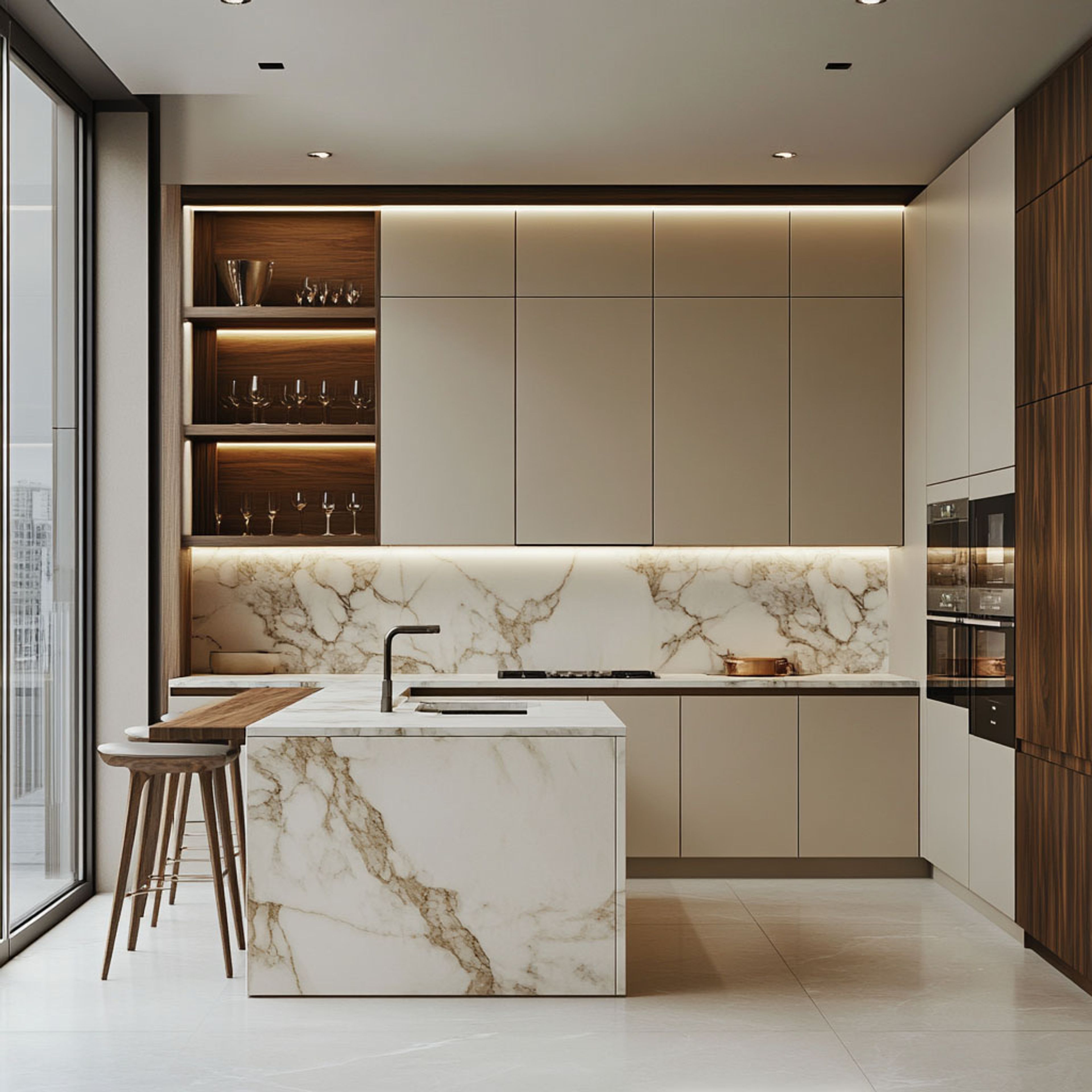 Island Kitchen Design with Marble Countertop