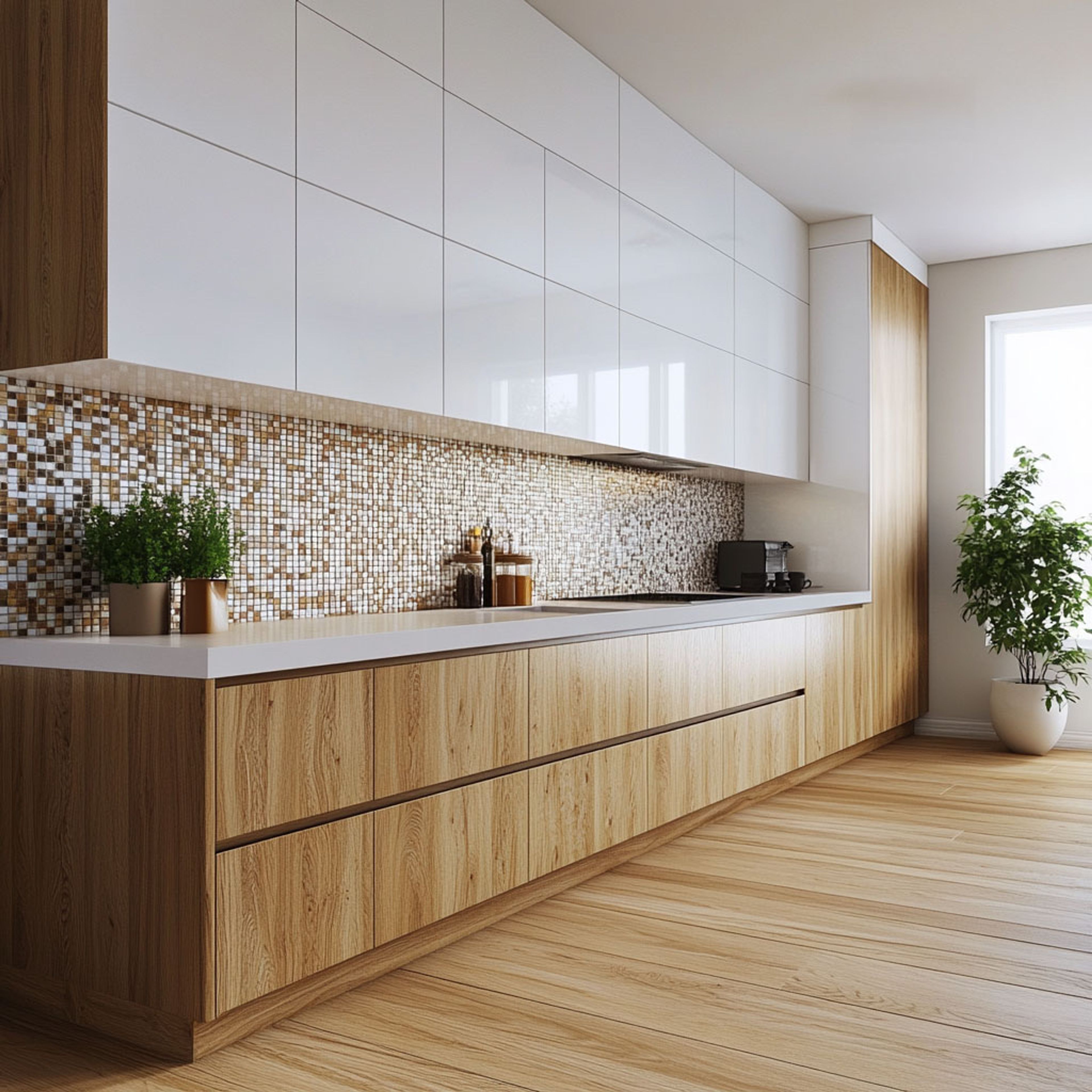 Straight Kitchen Design with Quartz Countertop and Dual-Tone Cabinets