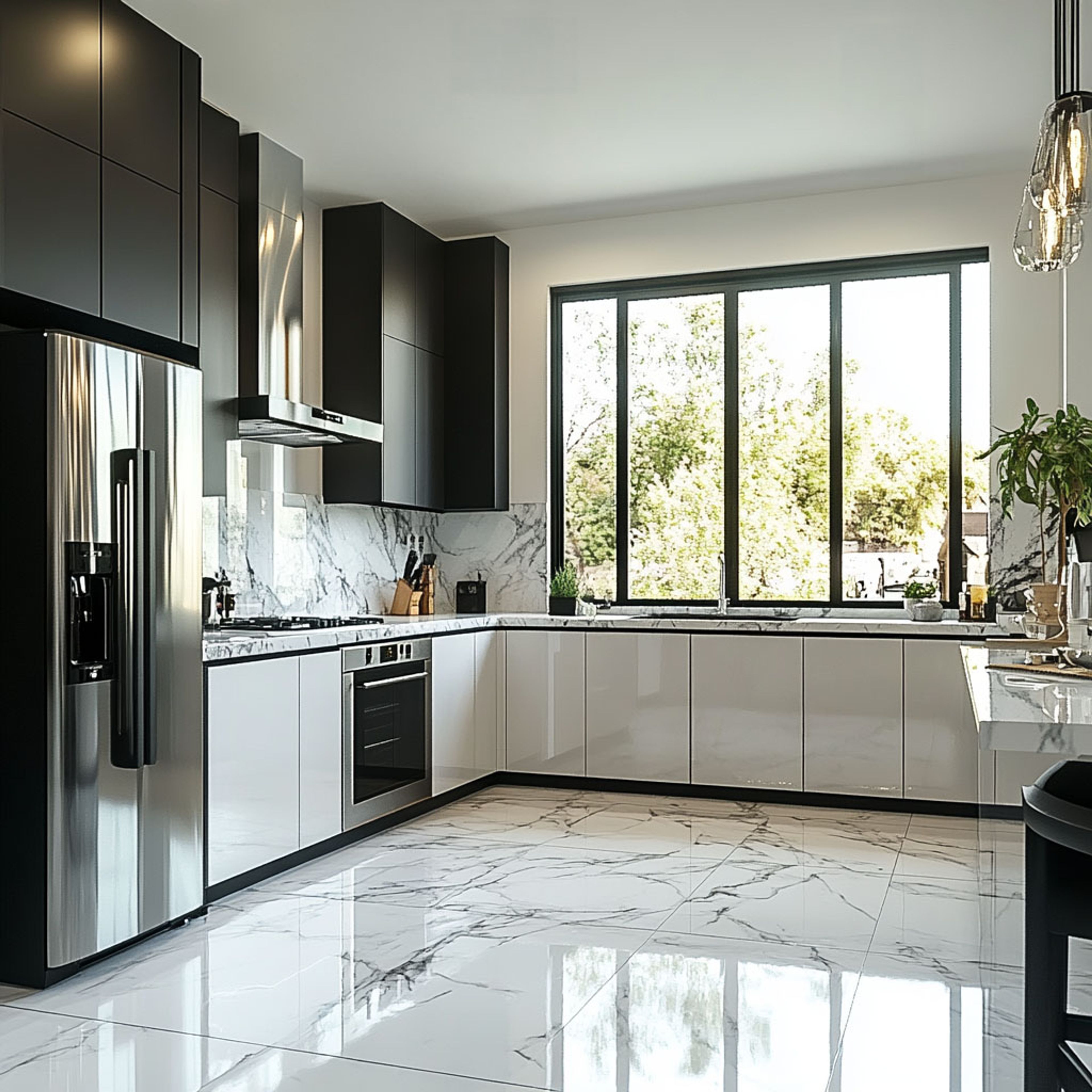 Black and White L-Shaped Kitchen Design with Marble Countertops