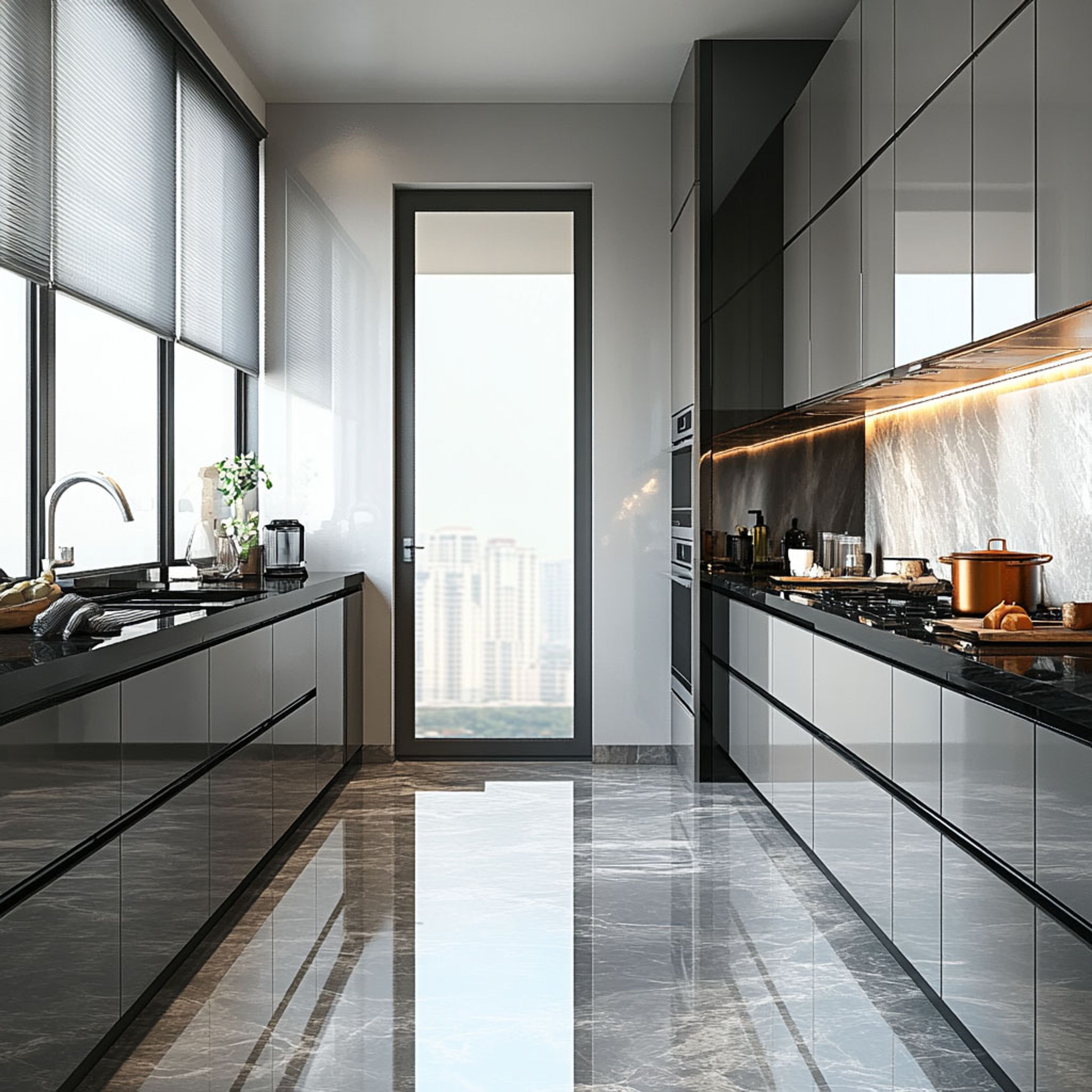 Light Grey Parallel Kitchen Design with High-Gloss Cabinets