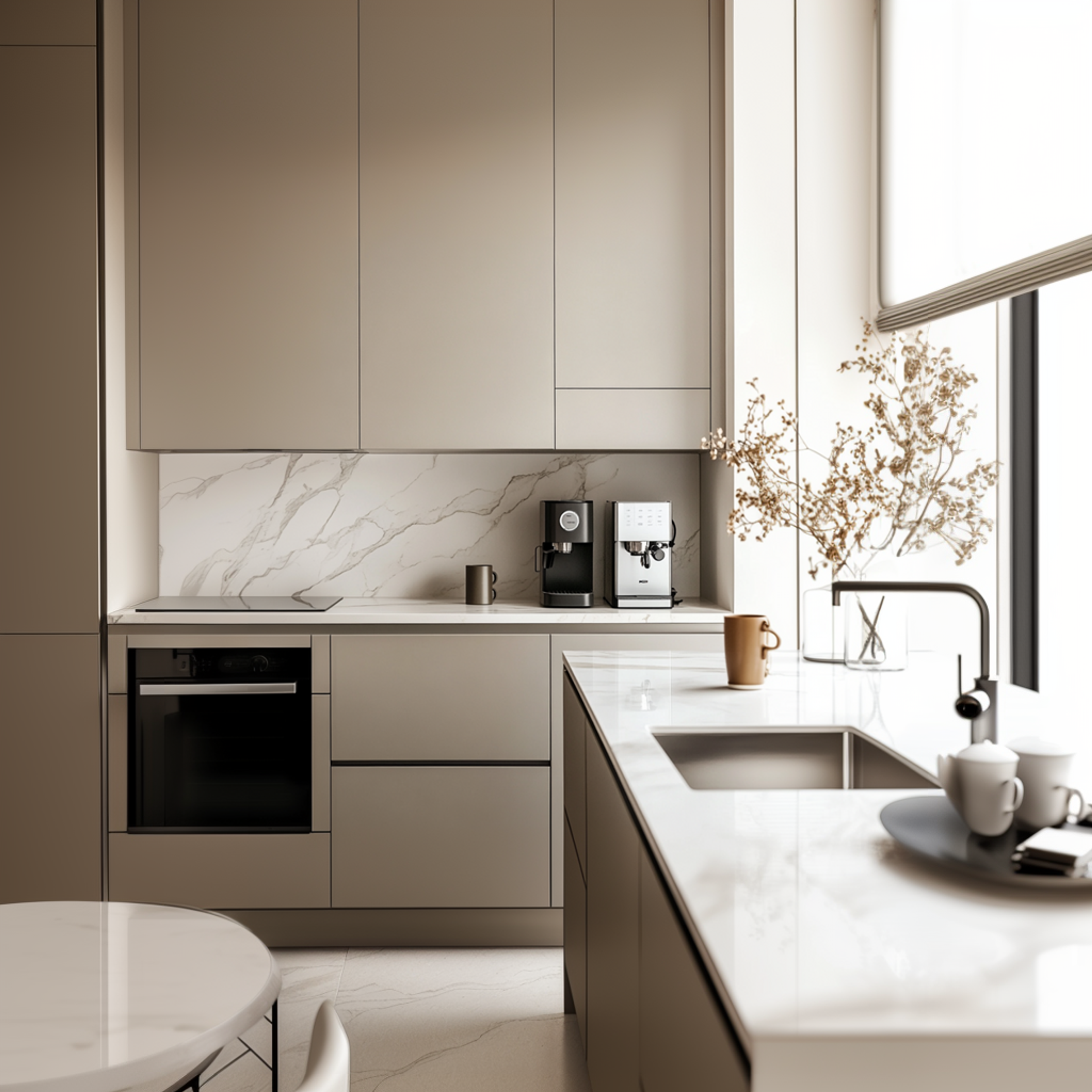 Modern Beige Open Kitchen Design with Quartz Countertop