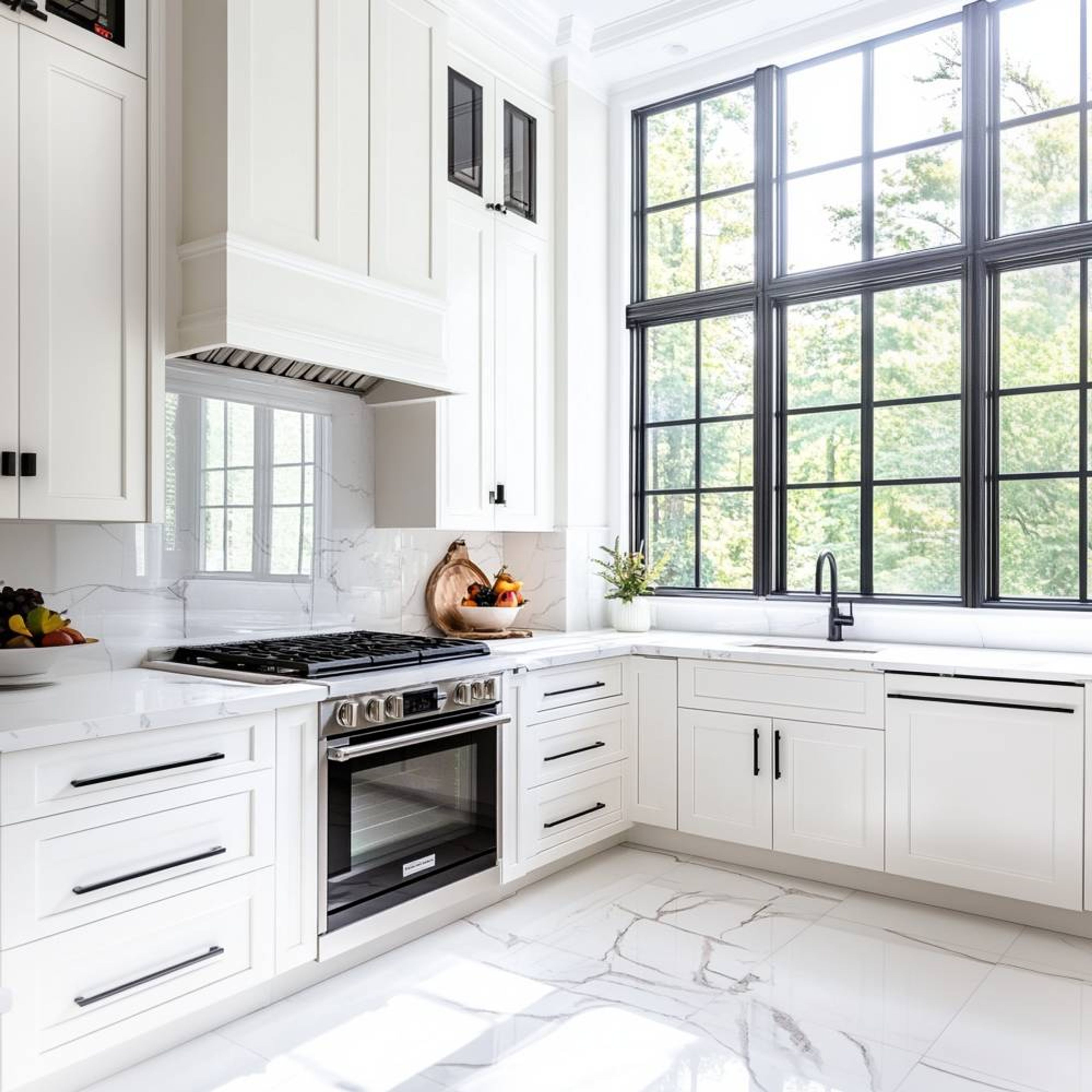 L-Shaped Kitchen Design in White with Quartz Countertop