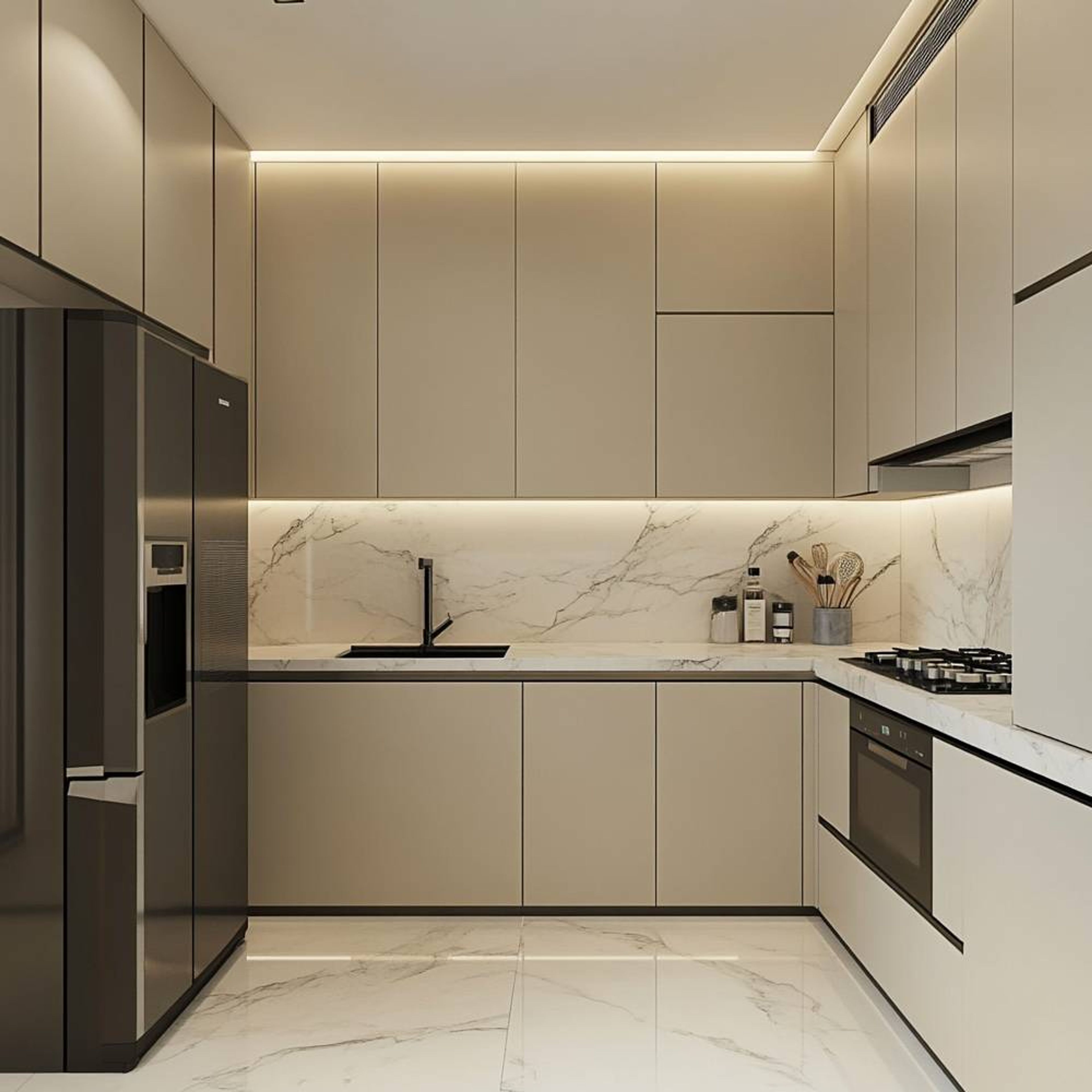 U Shaped kitchen with beige cabinets, marble backsplash, LED lighting, and integrated appliances