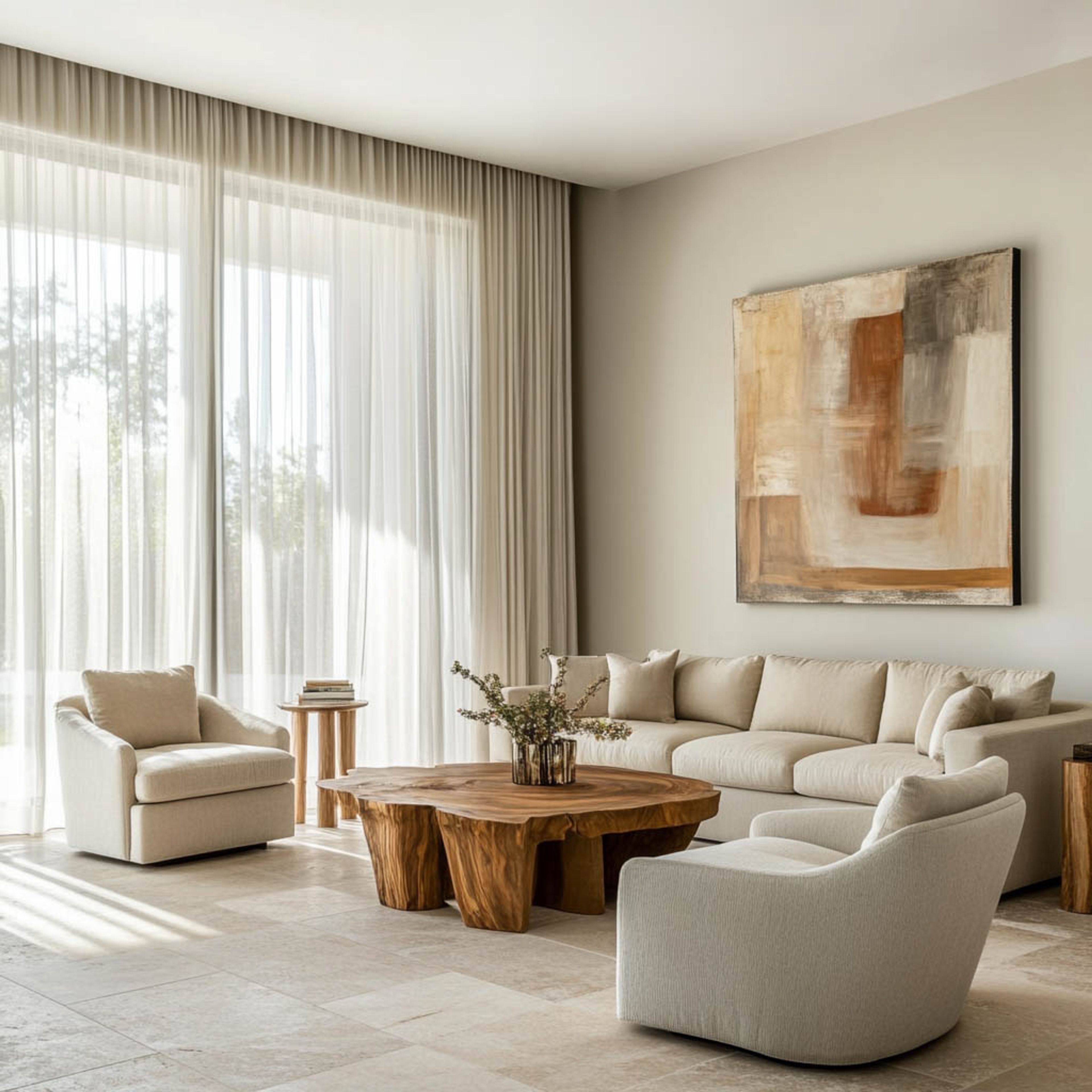 Living Room Design with Soft Textures and Wood Accents