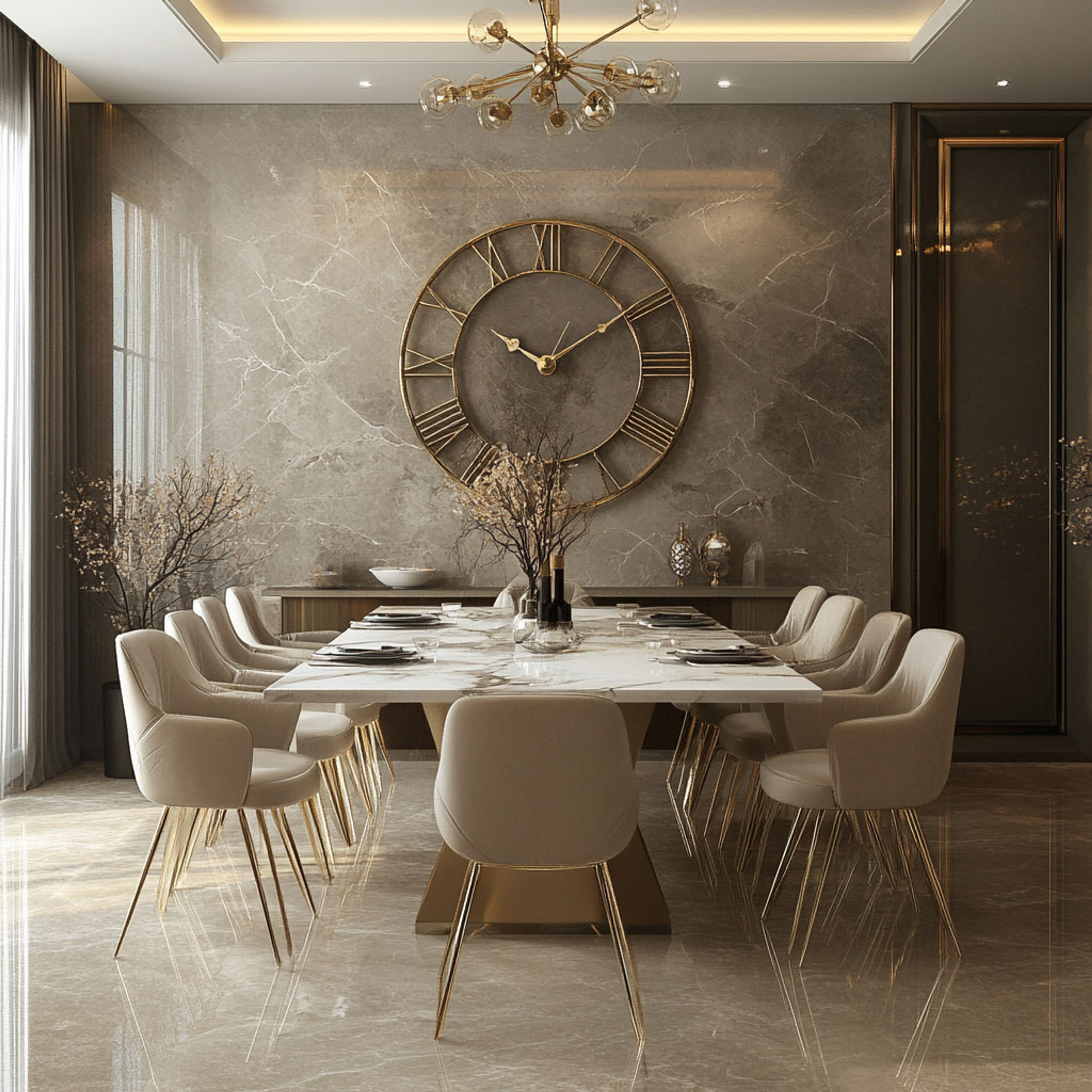 Dining Room Design With Plush Beige Seating and Marble Table