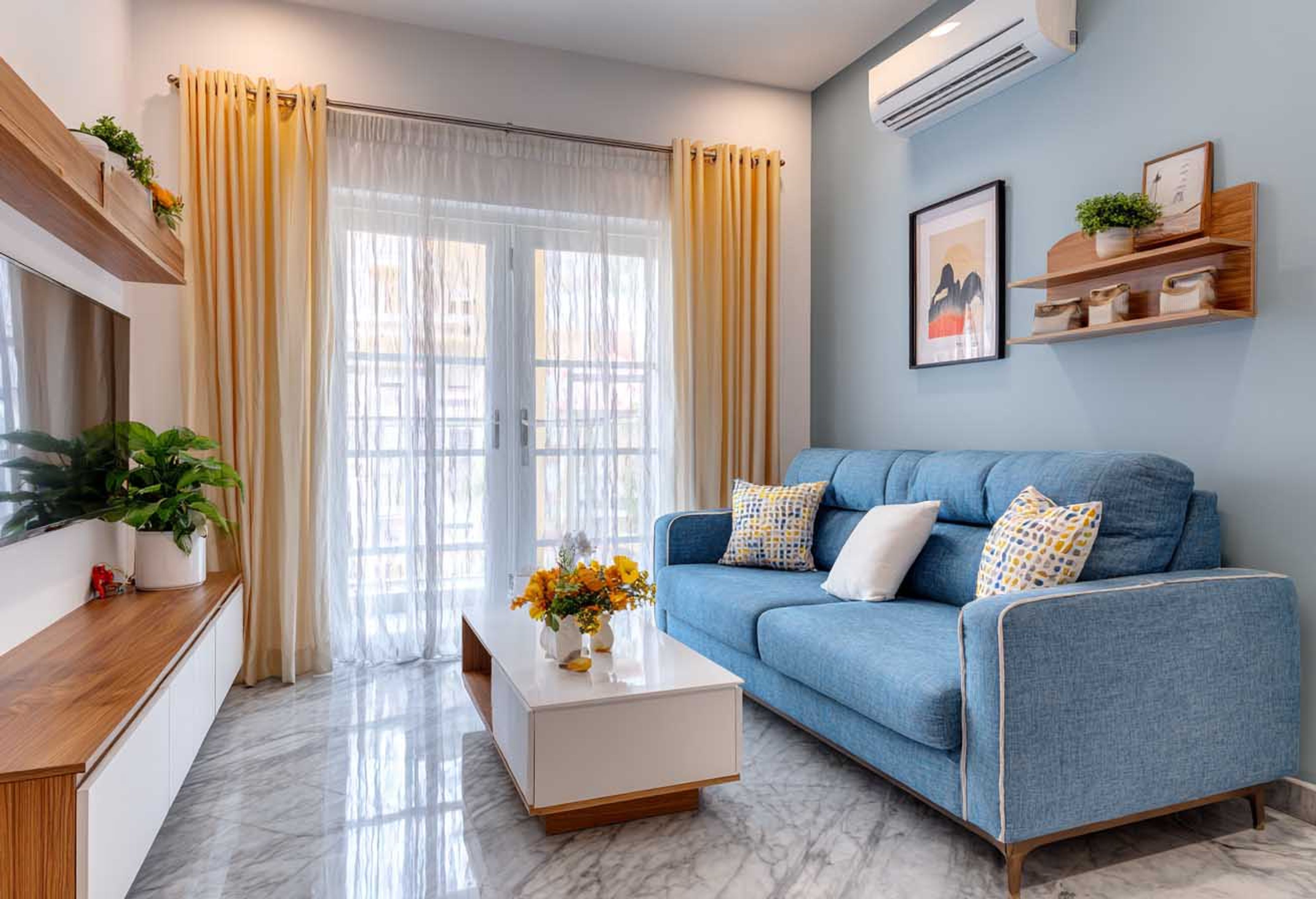 Contemporary Living Room Design Featuring Floating Storage and Shelving