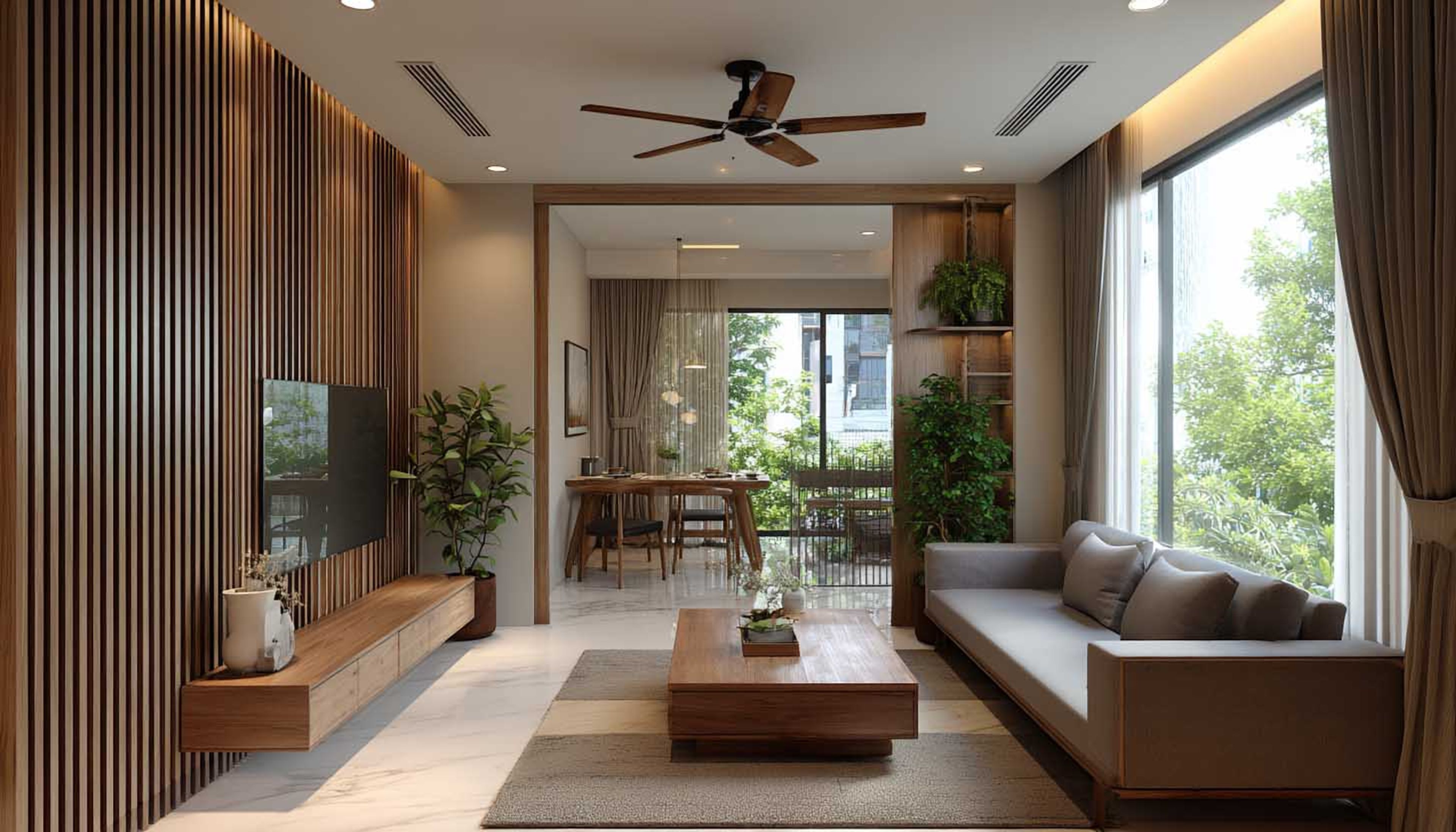 Textured Vertical Slat Wood Wall Design for Living Rooms