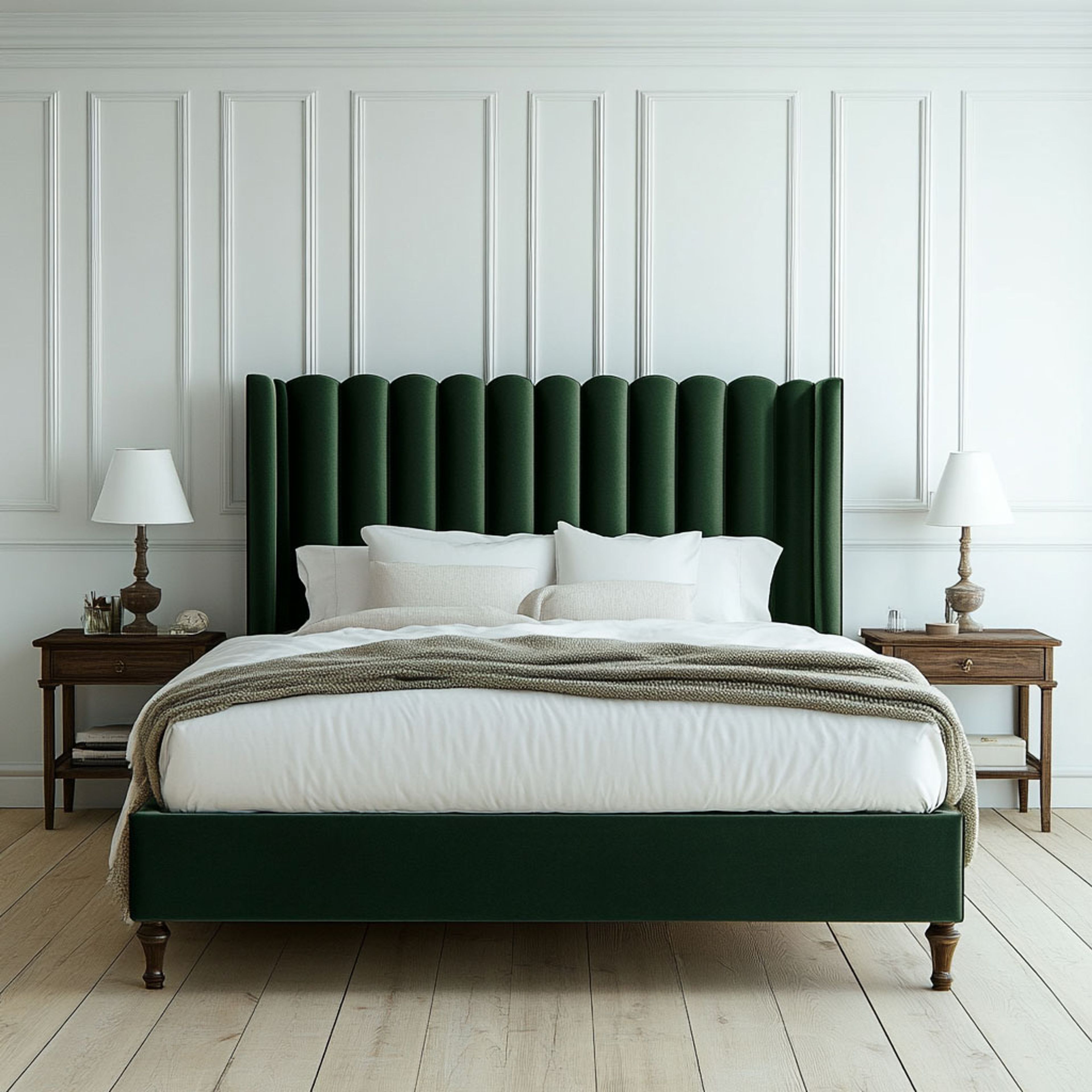 Master Bedroom Design with Green Velvet Bed Frame