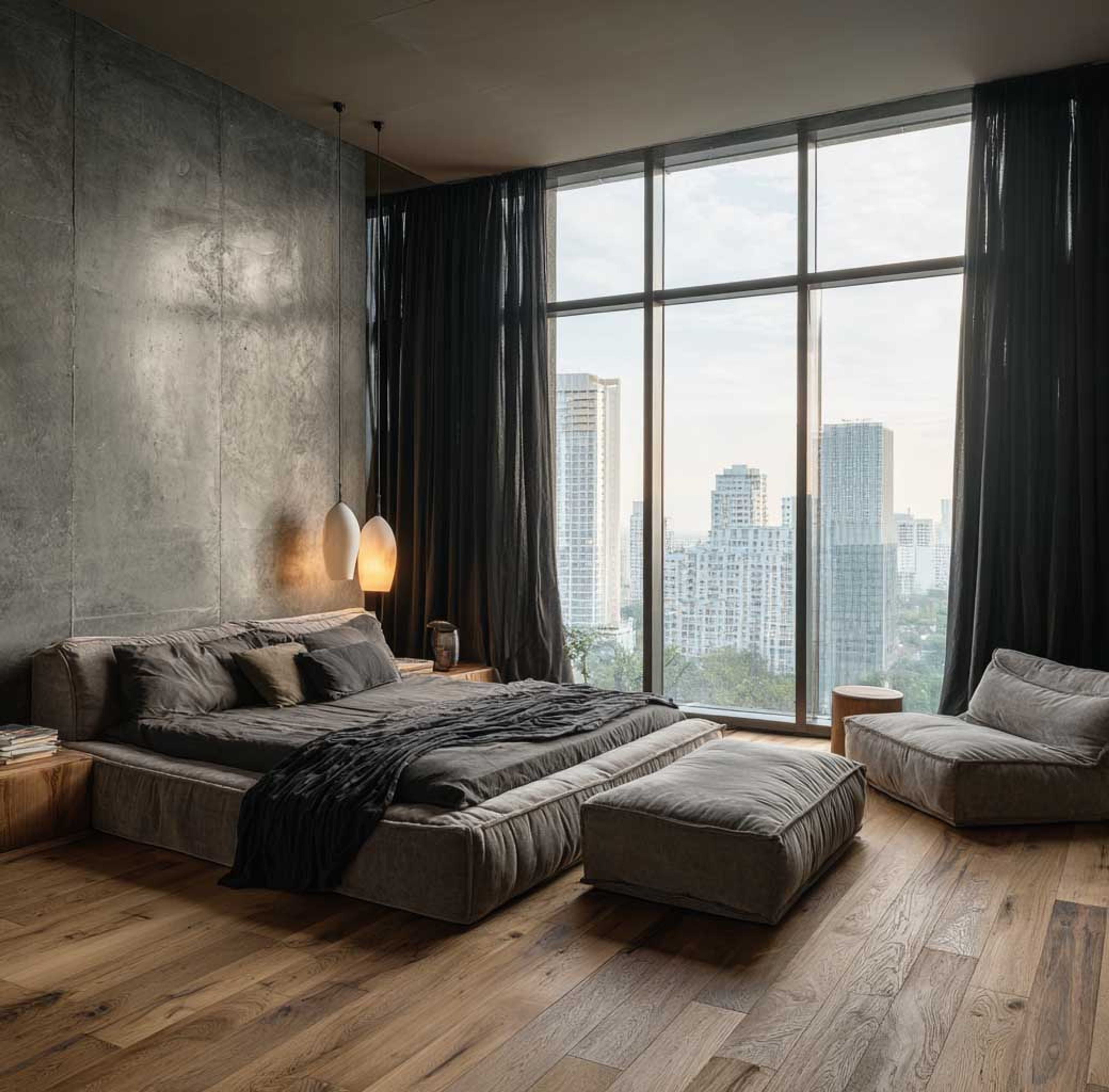 Modern Master Bedroom Design with Raw Concrete Feature Wall