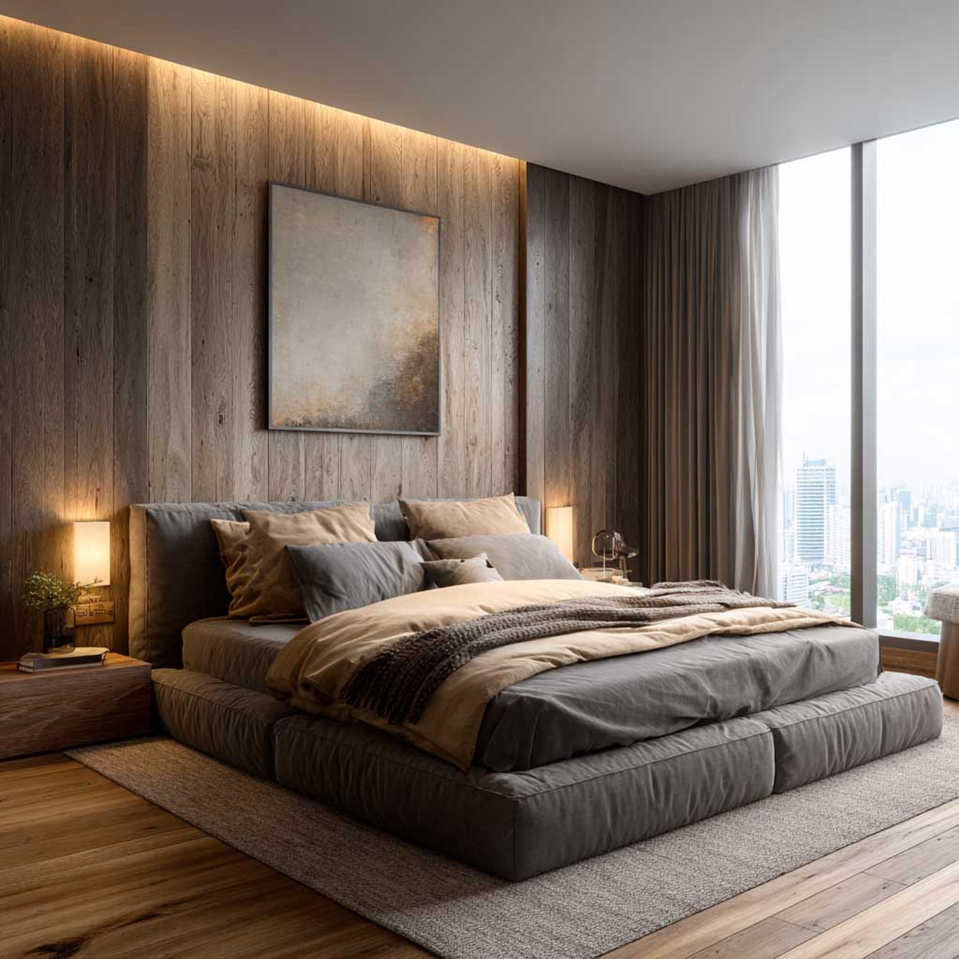 Modern Master Bedroom Design with Concrete Wall and Window Seating