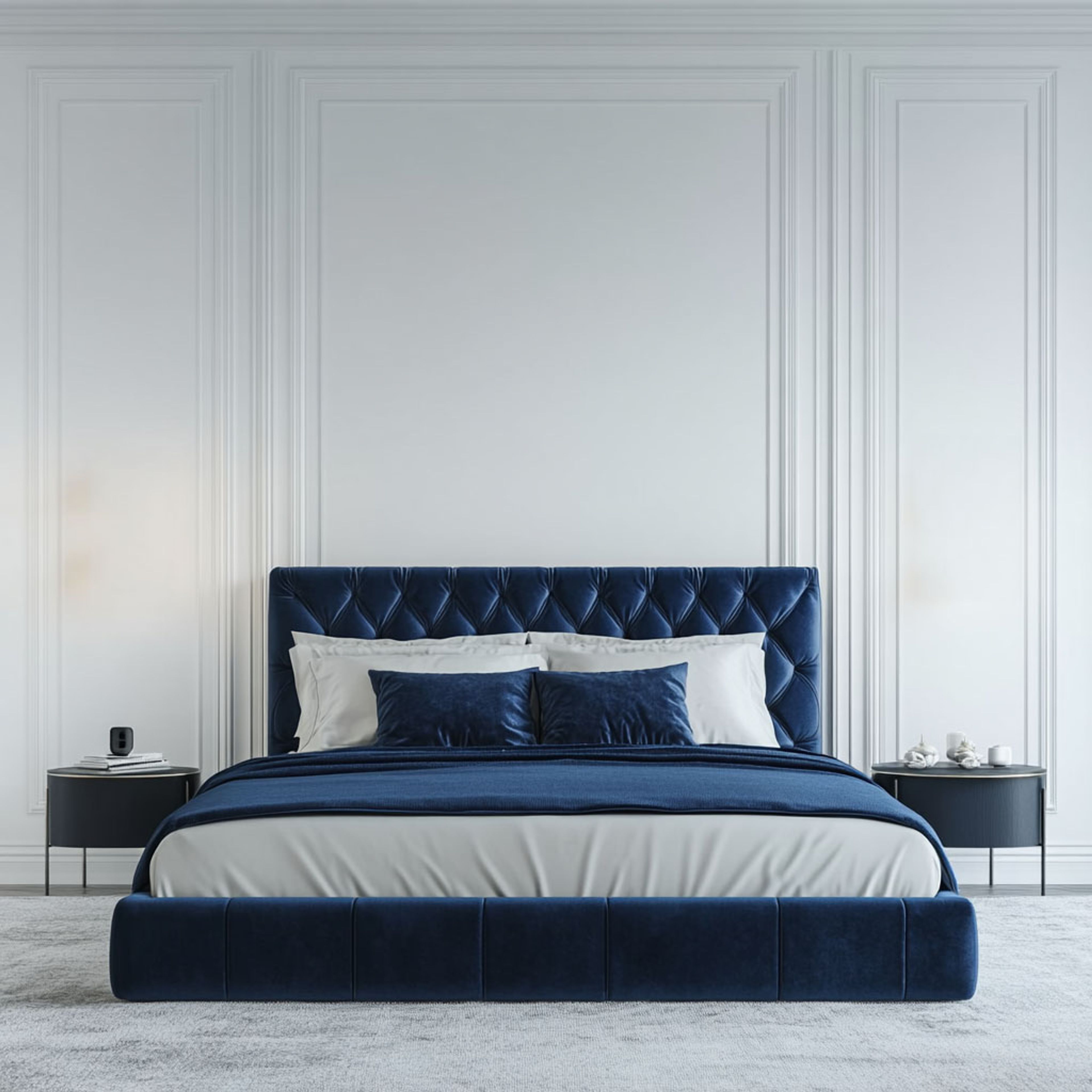 Master Bedroom Design with Navy Velvet Bed and Nightstands