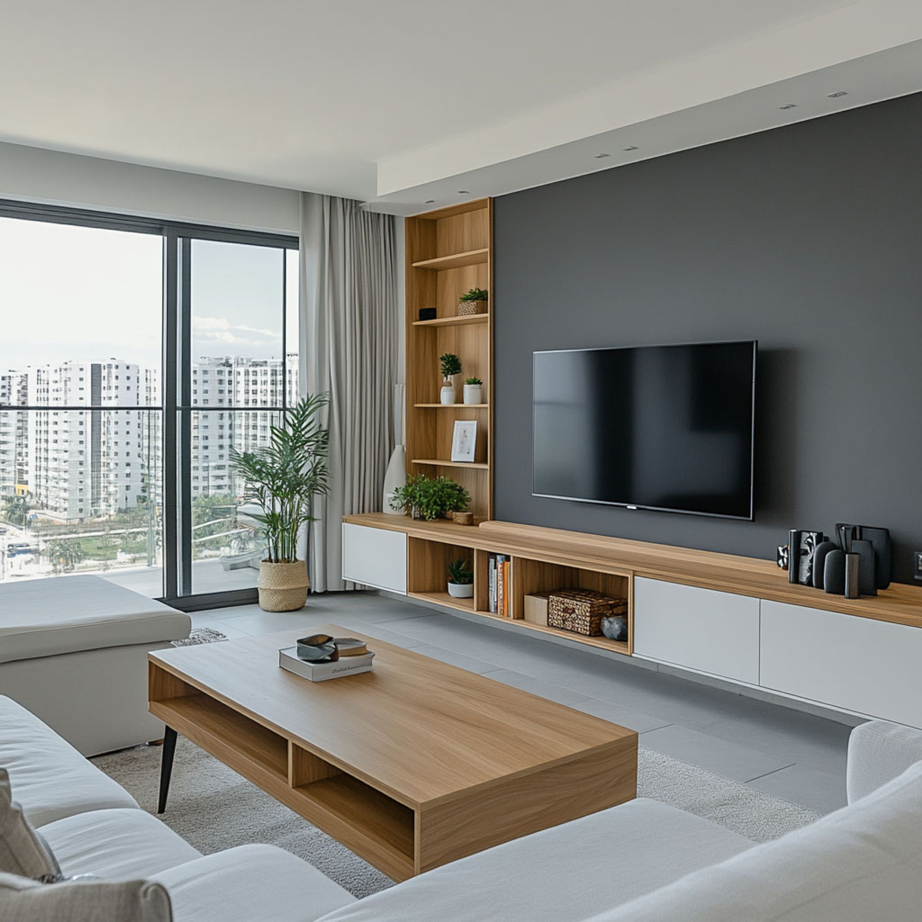 TV Unit Design with Open Shelving and Storage Cabinets