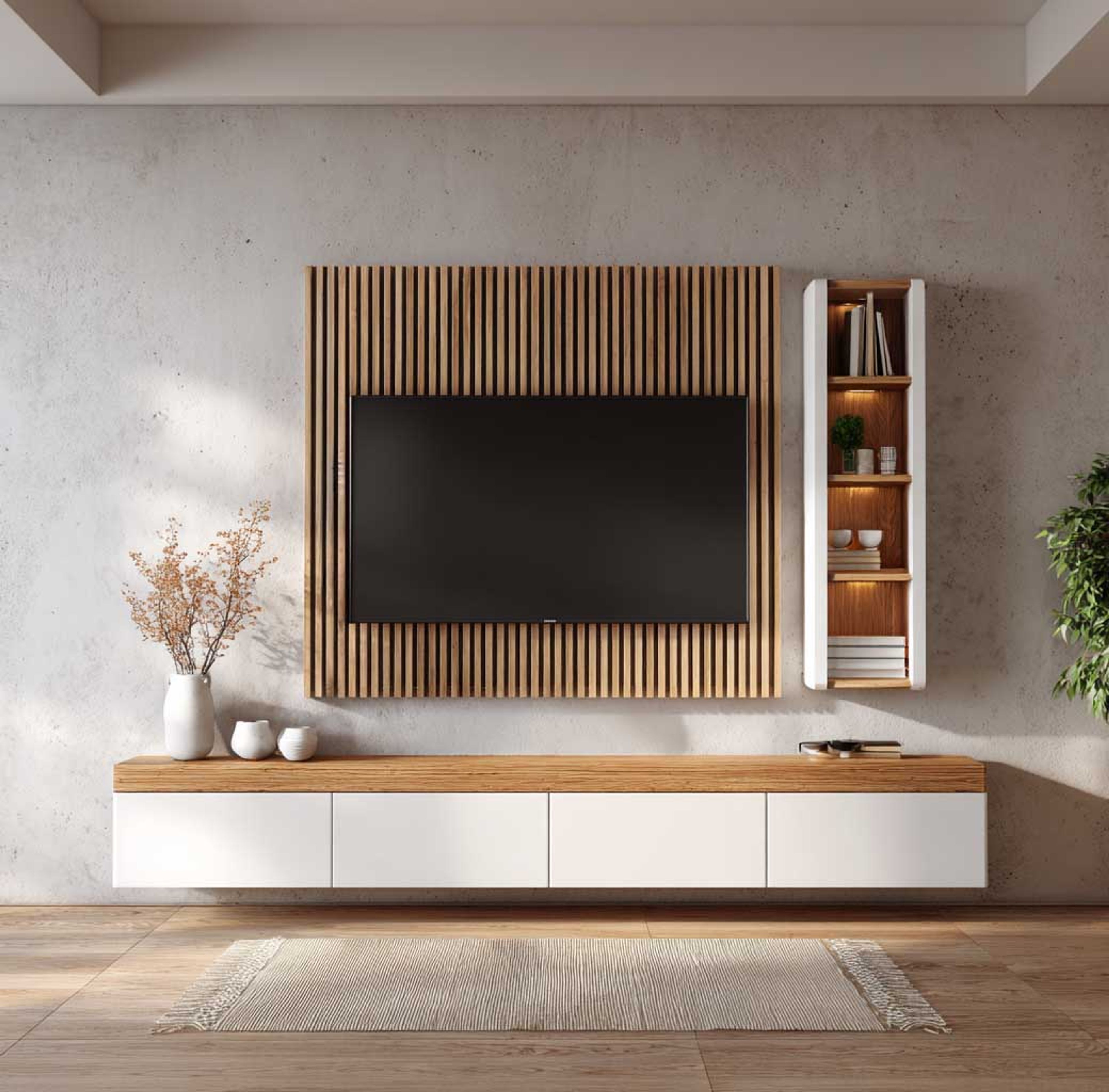 Two-Tone Contemporary TV Unit Design with Floating Shelves and Drawers