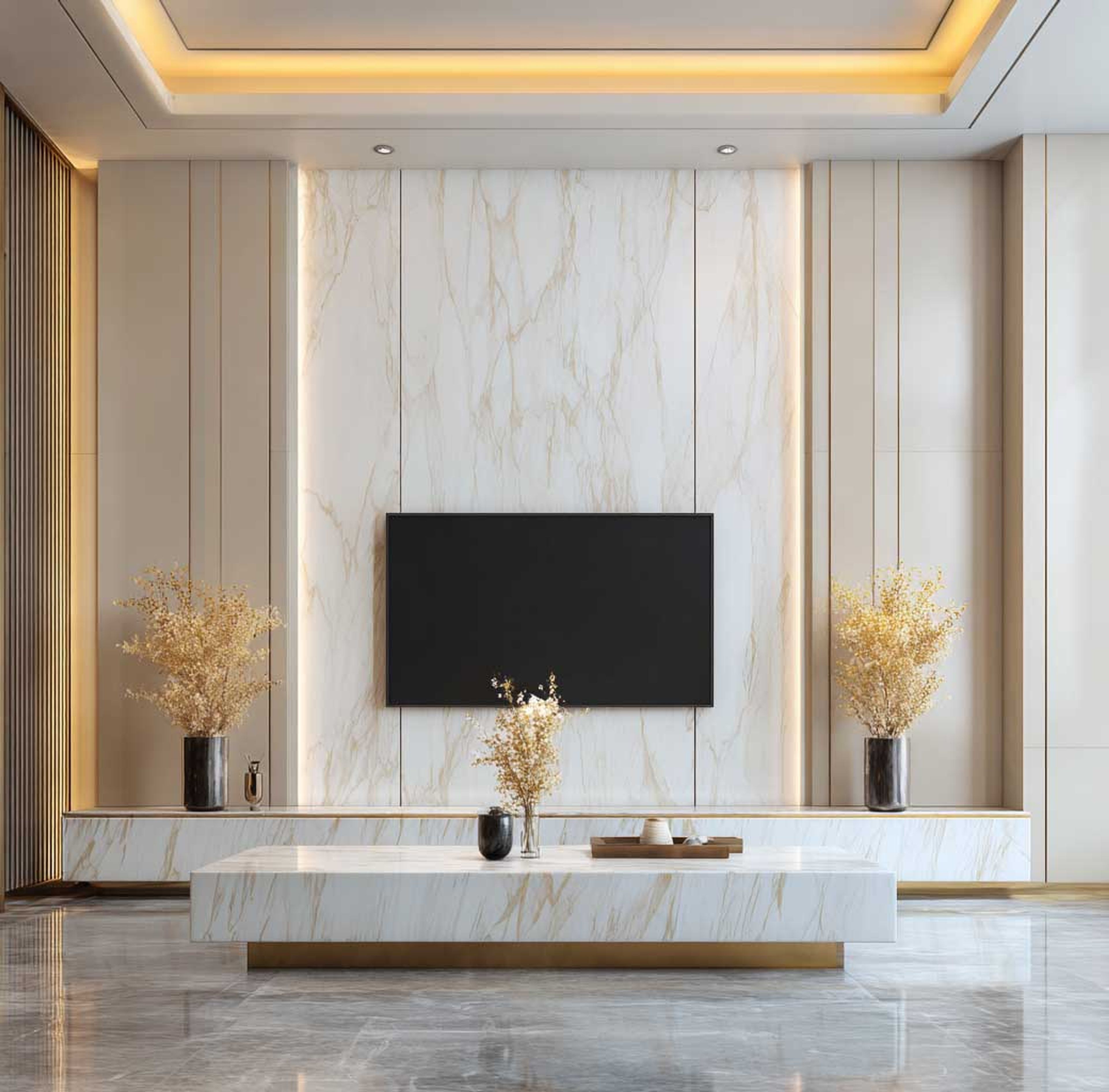 Modern Peripheral False Ceiling Design with Cove Lighting in Gypsum