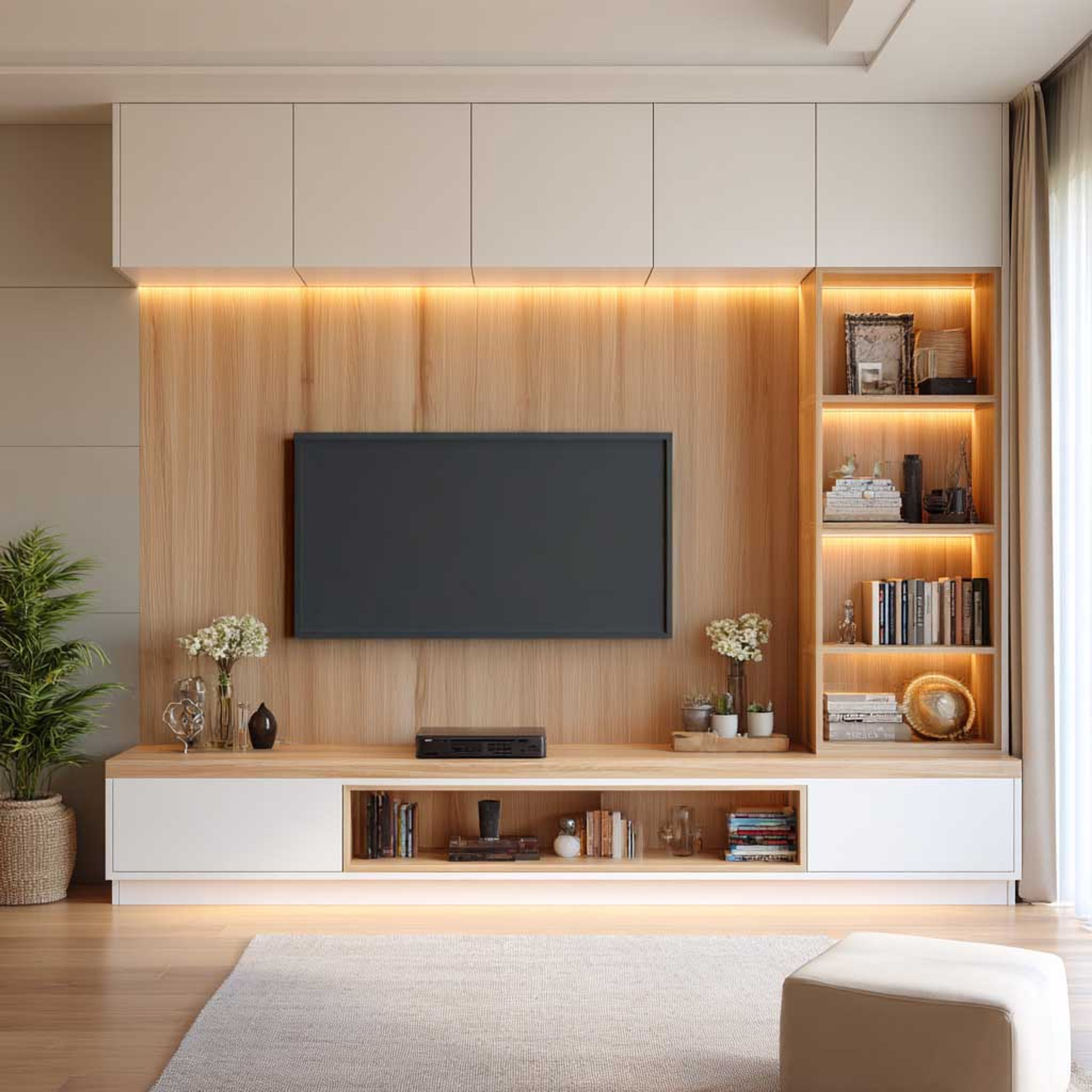 Contemporary TV Unit Design with Storage Cabinets and Marble Highlights