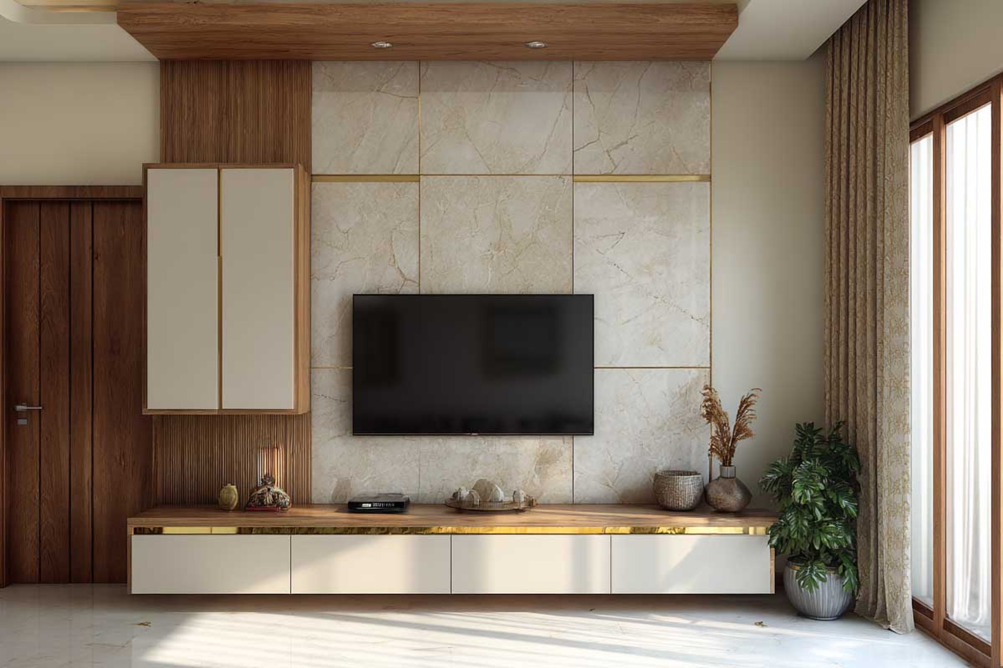 Floating Modern TV Unit Design with Concealed Lighting